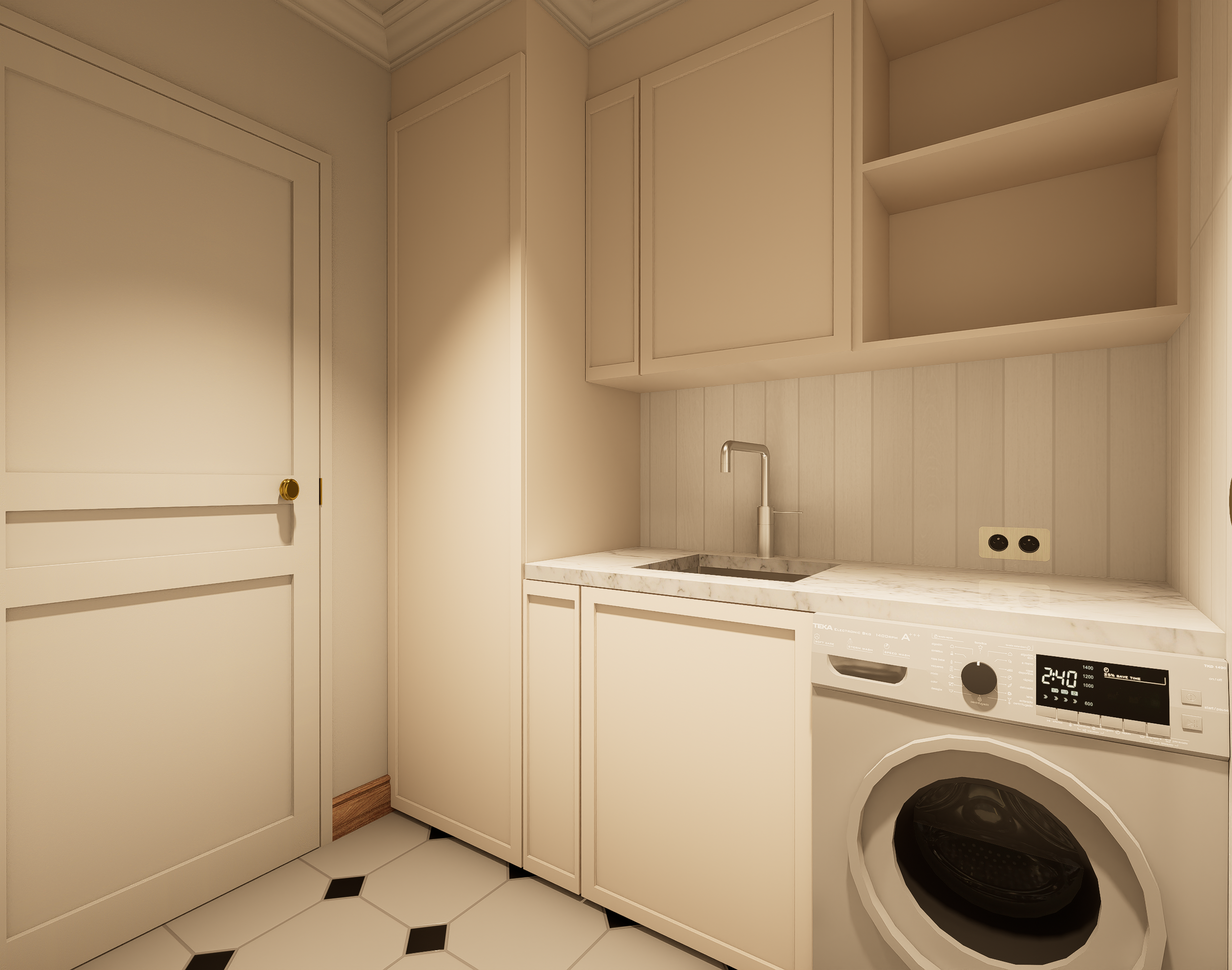 Rénovation haut de gamme d'une maison Anglaise avec buanderie moderne avec des armoires blanches, un évier, une machine à laver et un sol en carreaux blanc avec des accents noirs. Agencement sur mesure