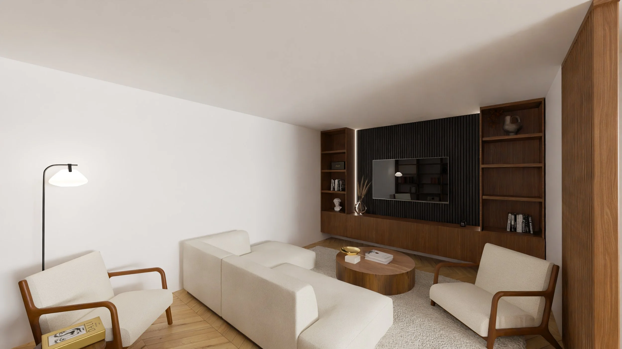 Rénovation haut de gamme d'un appartement avec salon moderne avec canapés blancs, table basse en bois, fauteuils en bois, étagères en bois noir, télévision murale, lampadaire à pied, décoration minimaliste. Agencement sur mesures.