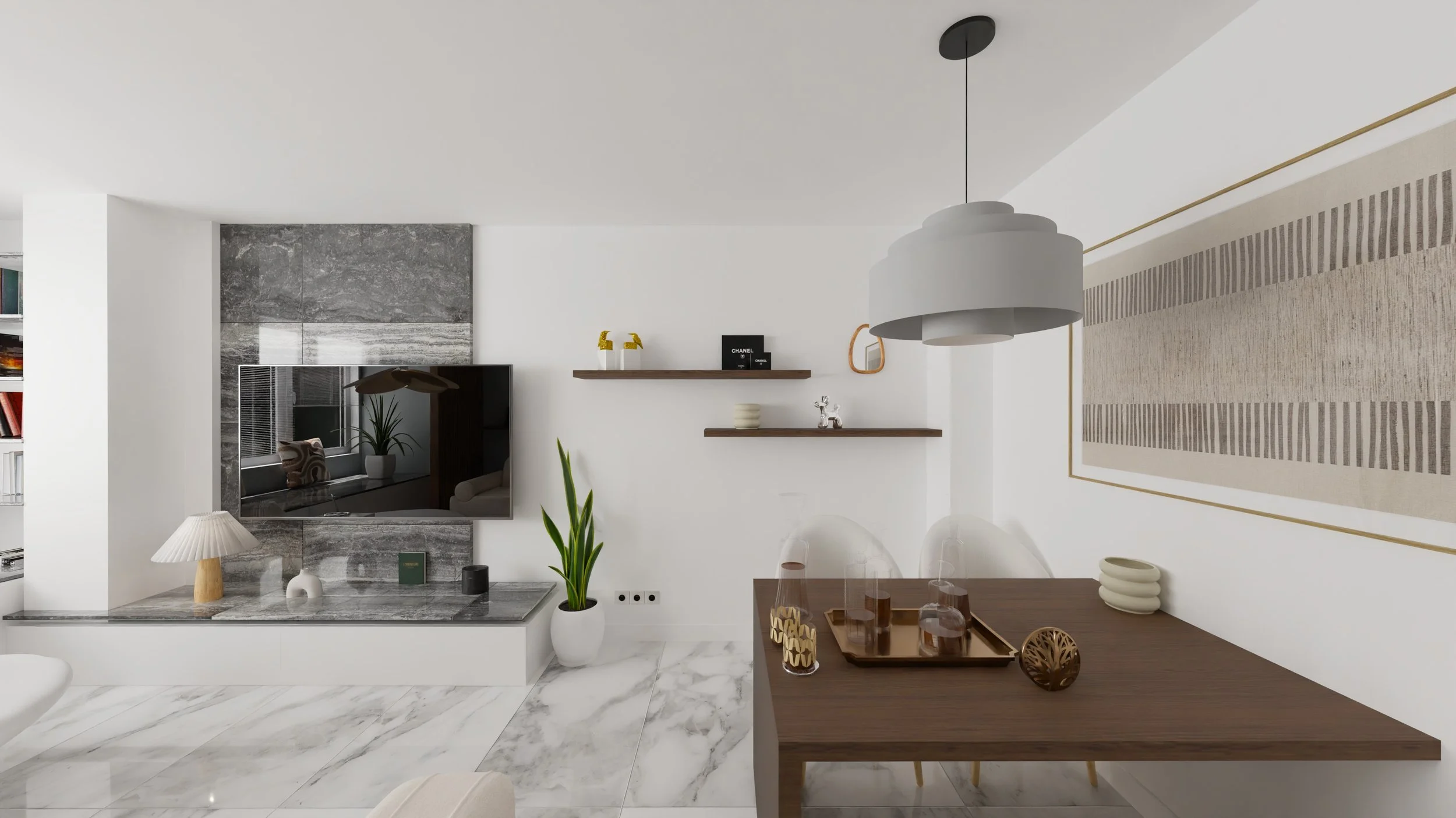 Rénovation d'un appartement en Moldavie avec un salon avec panneau en pierre, télévision, étagères murales, au mur et table avec décorations en verre et céramique. Agencement haut de gamme sur mesures.