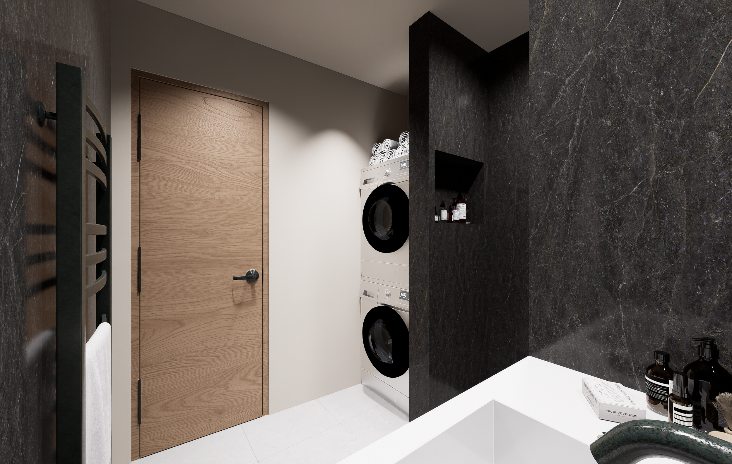 Projet de rénovation d'un appartement avec une salle de bain moderne avec carrelage marbre noir, espace buanderie, porte sur mesure en bois. Agencement sur mesure haut de gamme.