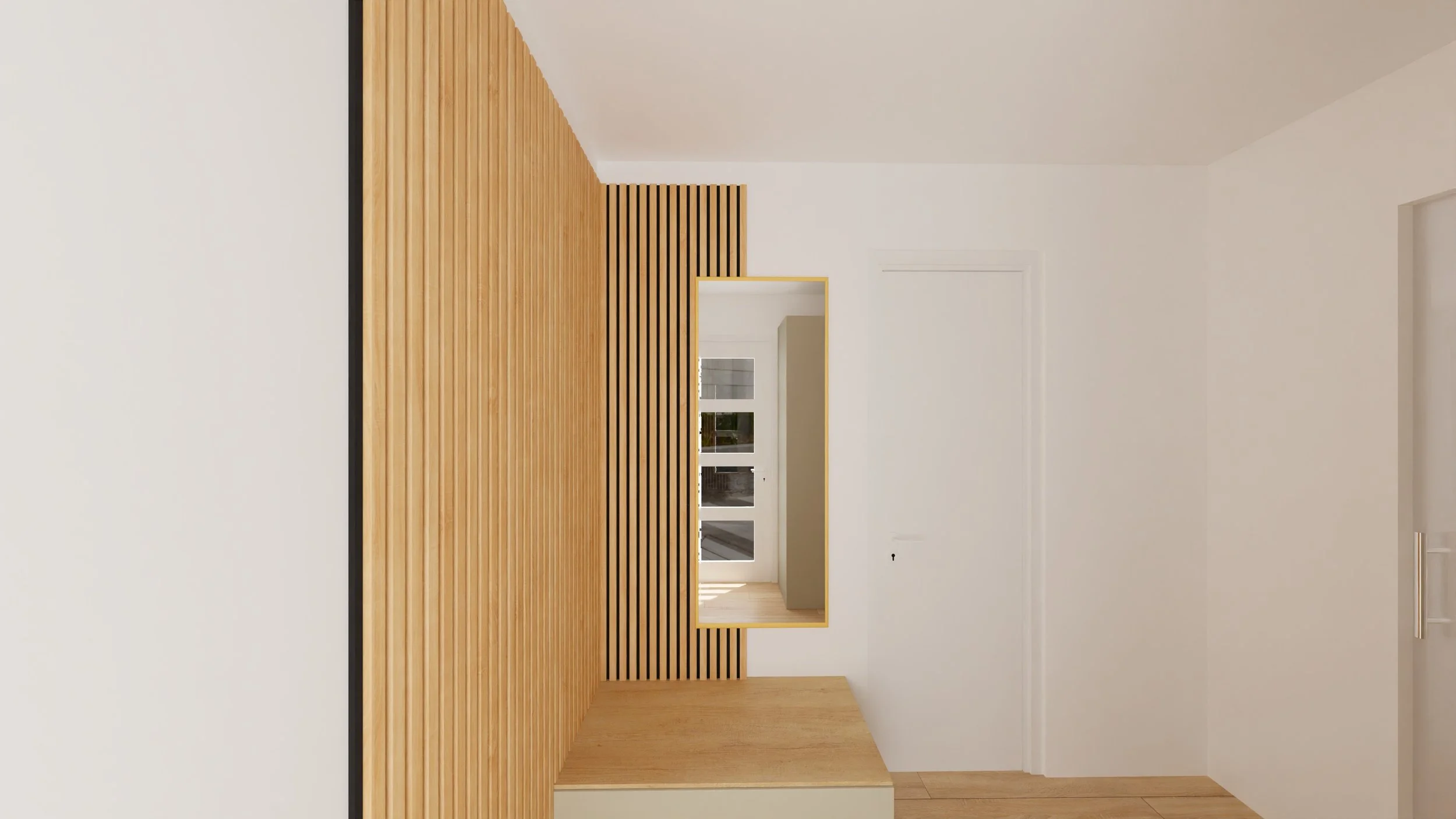 Rénovation haut de gamme d'un appartement à Valdahon avec entrée moderne avec un mur en bois avec des lattes verticales, vue d'un salon ou d'une entrée. Agencement sur mesures
