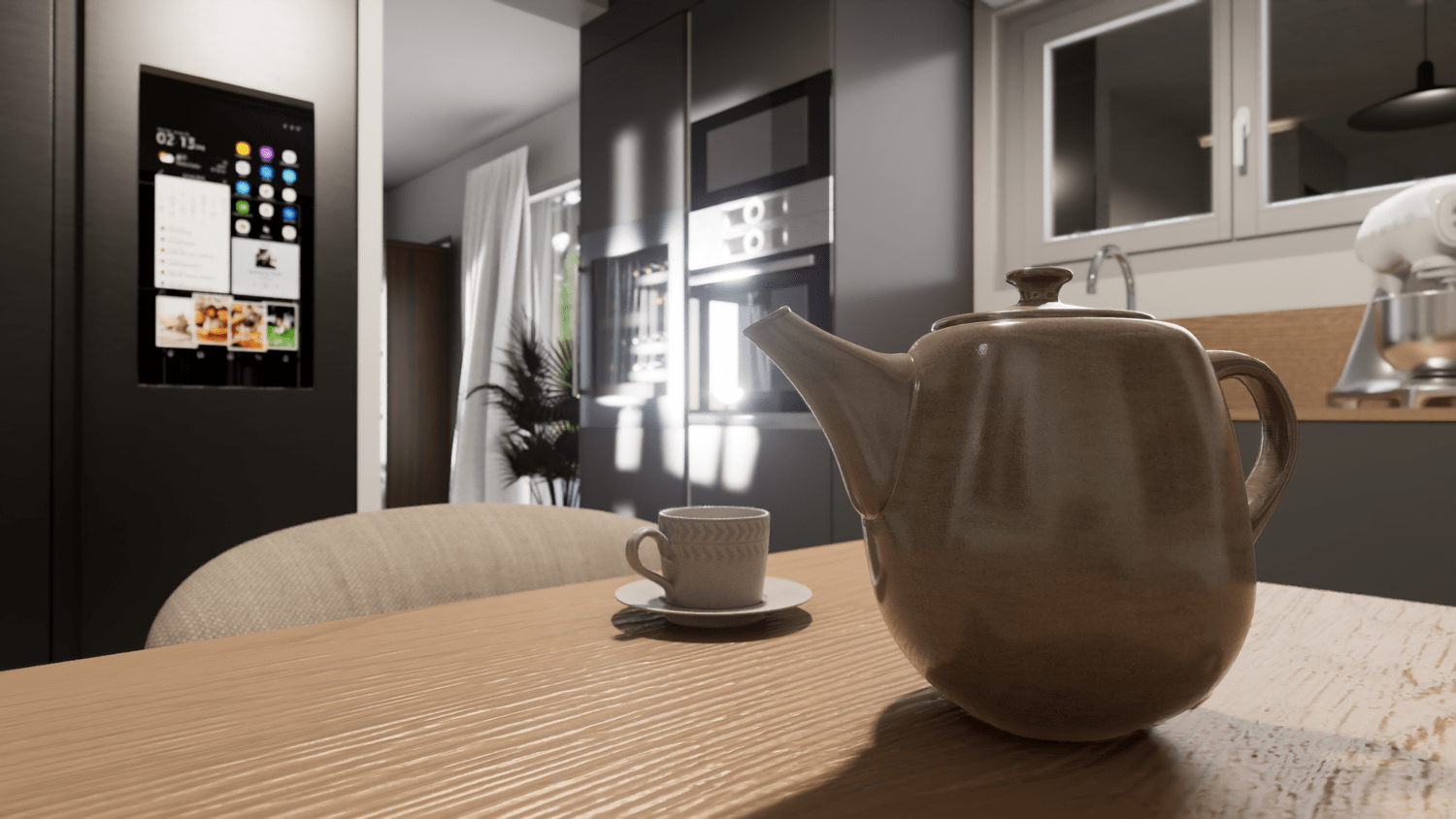 Projet de rénovation d'une maison avec une cuisine moderne avec un réfrigérateur, un four, un évier, un robot de cuisine, un placard en verre et une fenêtre laissant passer la lumière. Agencement haut de gamme sur mesure.