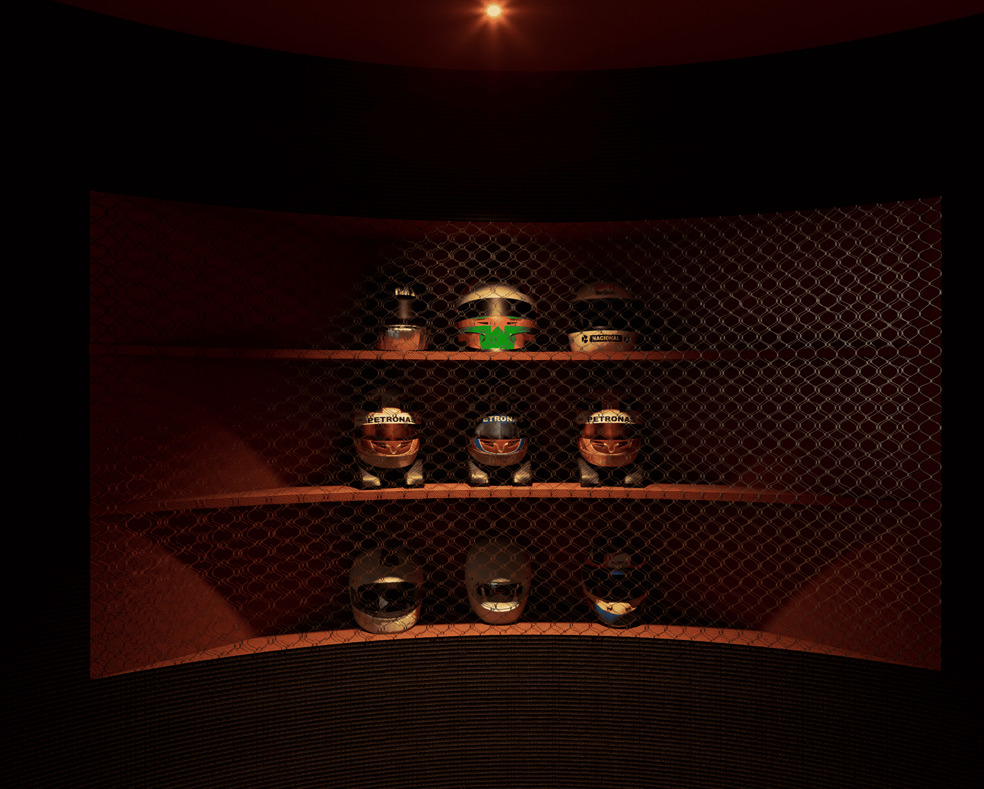 Vitrine avec des casques de course de Formule 1 portant des logos de différentes équipes et sponsors, dans un environnement sombre avec un éclairage spot.