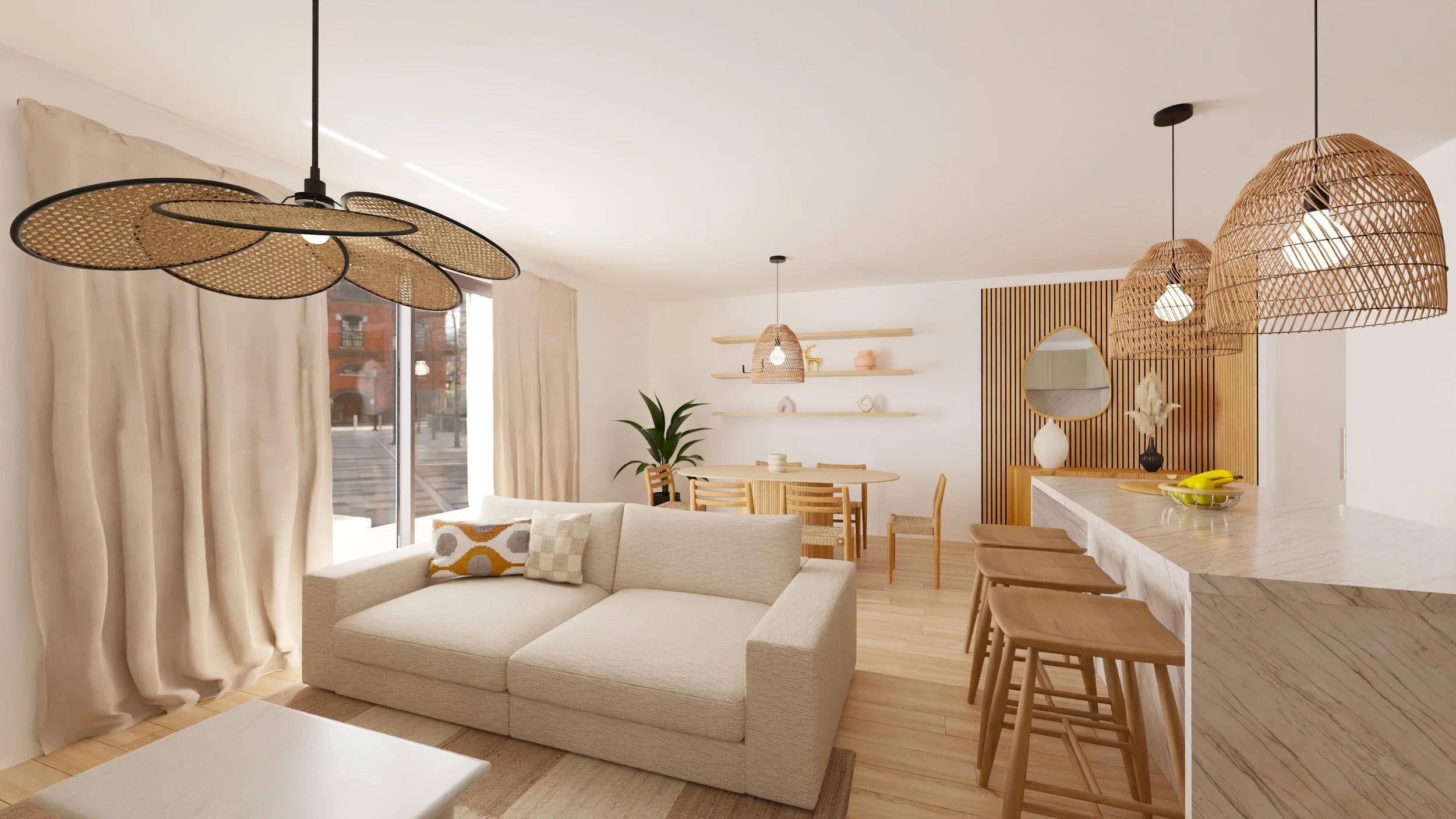 Rénovation haut de gamme d'un appartement à Valdahon avec salon moderne aveccanapé beige, lampes en rotin suspendues, étagères en bois, cuisine en marbre avec banquette, intérieur lumineux avec large fenêtre. Agencement sur mesures.