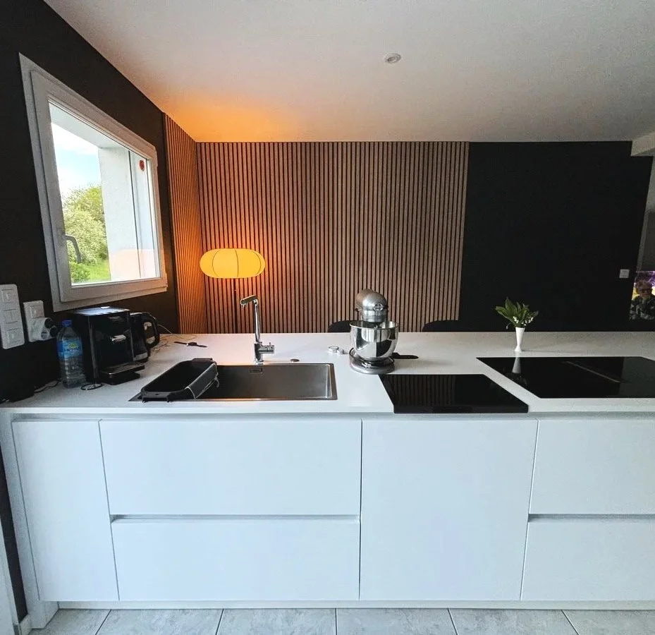 Cuisine moderne rénovée dans la maison à charnay avec un plan de travail blanc, un évier, un mixeur, une plante dans un vase blanc, une lampe orange, une fenêtre laissant entrer la lumière naturelle, un mur avec un revêtement en bois.