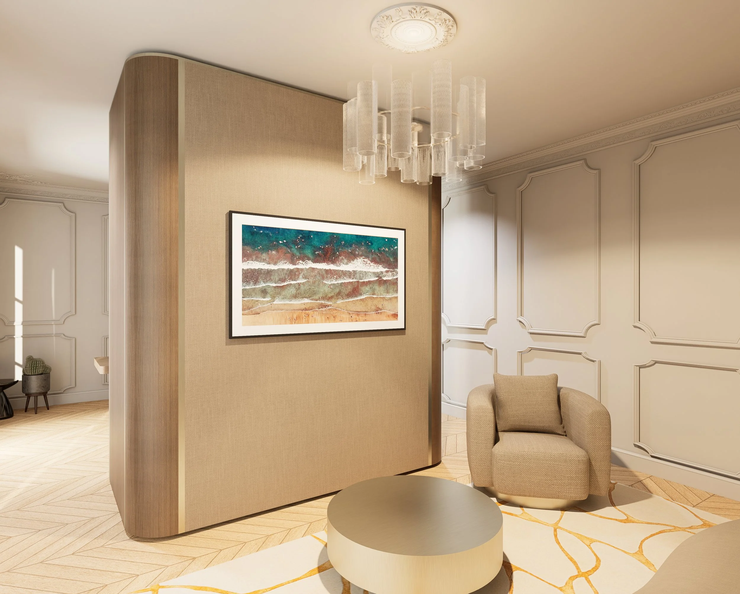 Intérieur moderne haut de gamme avec un mur en bois et un diviseur en tissu, grande fenêtre avec rideaux, table avec vases et décoration, et suspension lumineuse prouche au plafond en collaboration avec Perene