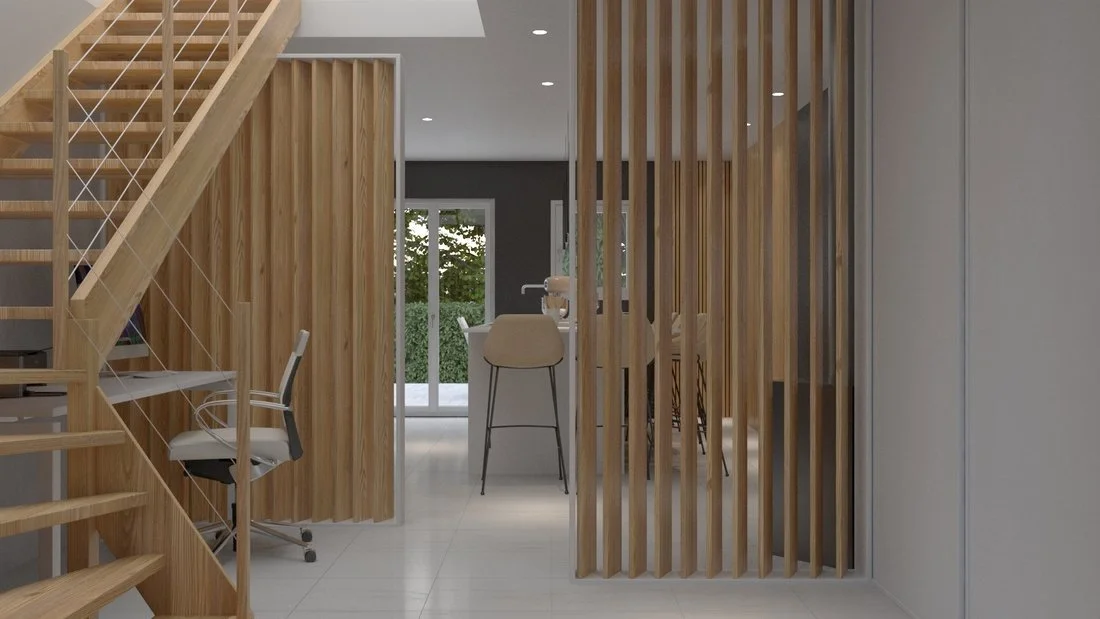 Rénovation haut de gamme d'une maison à Charnay avec escaliers en bois, claustras en bois, et coin repas avec bar et chaises, vue vers l'extérieur à travers une porte-fenêtre. Agencement sur mesure.