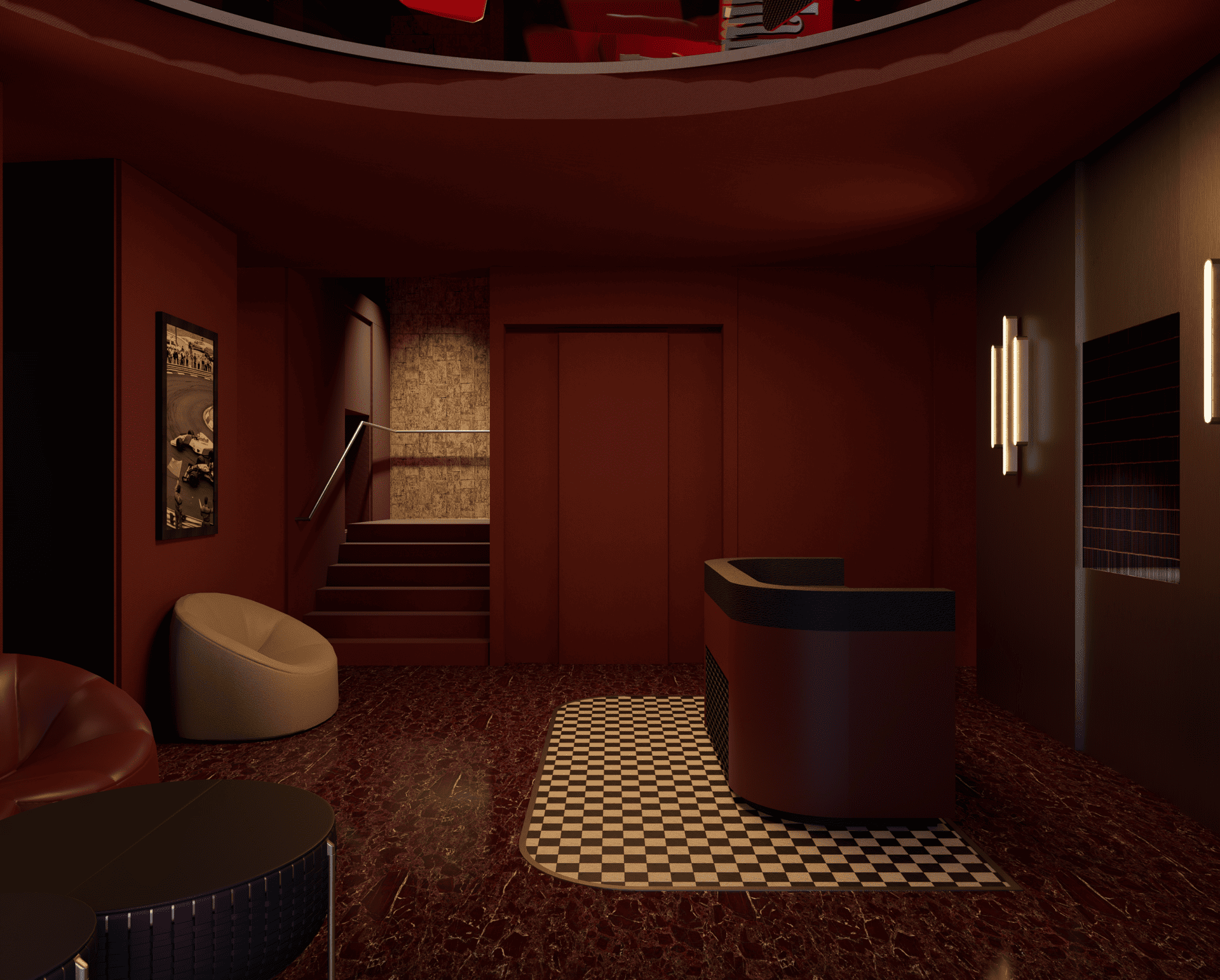 Intérieur d'un hall d'hôtel avec des murs rouge foncé, sol en marbre rouge, un fauteuil beige, des œuvres d'art encadrées sur le mur, un comptoir arrondi noir avec un mur en brique en arrière-plan, et un escalier menant à un étage supérieur.