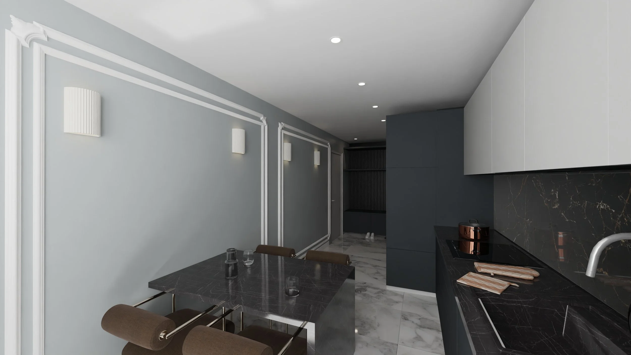 Rénovation d'un appartement en Moldavie avec cuisine moderne avec meubles hauts blancs, murs gris, plan de travail en marbre noir, appareils électroménagers, petite table, moulures. Agencement sur mesures.