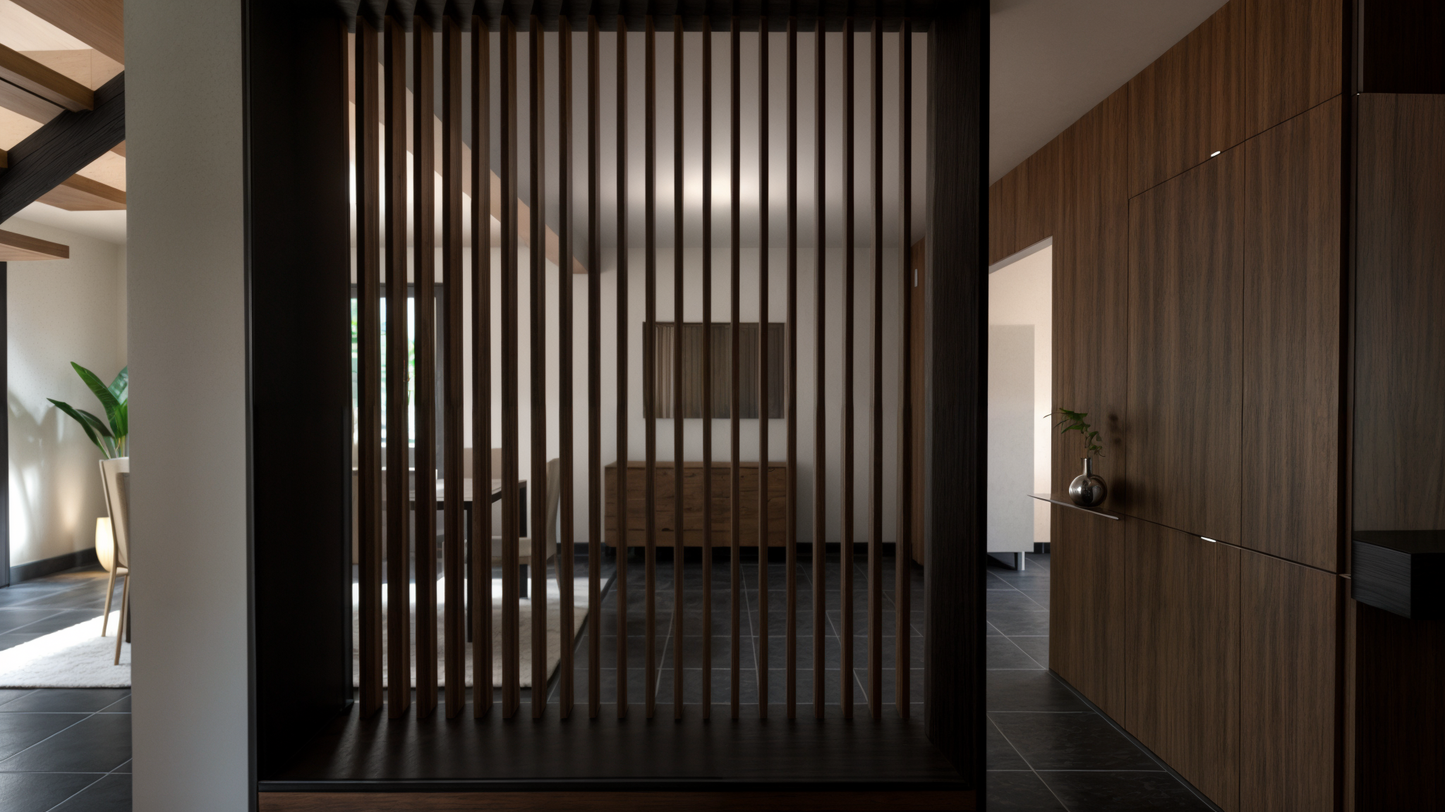 Rénovation haut de gamme d'une maison moderne avec un mur en bois, une cloison en bois avec un banc, un fauteuil beige avec une plante verte à côté, et un espace de vie lumineux. Agencement sur mesures.