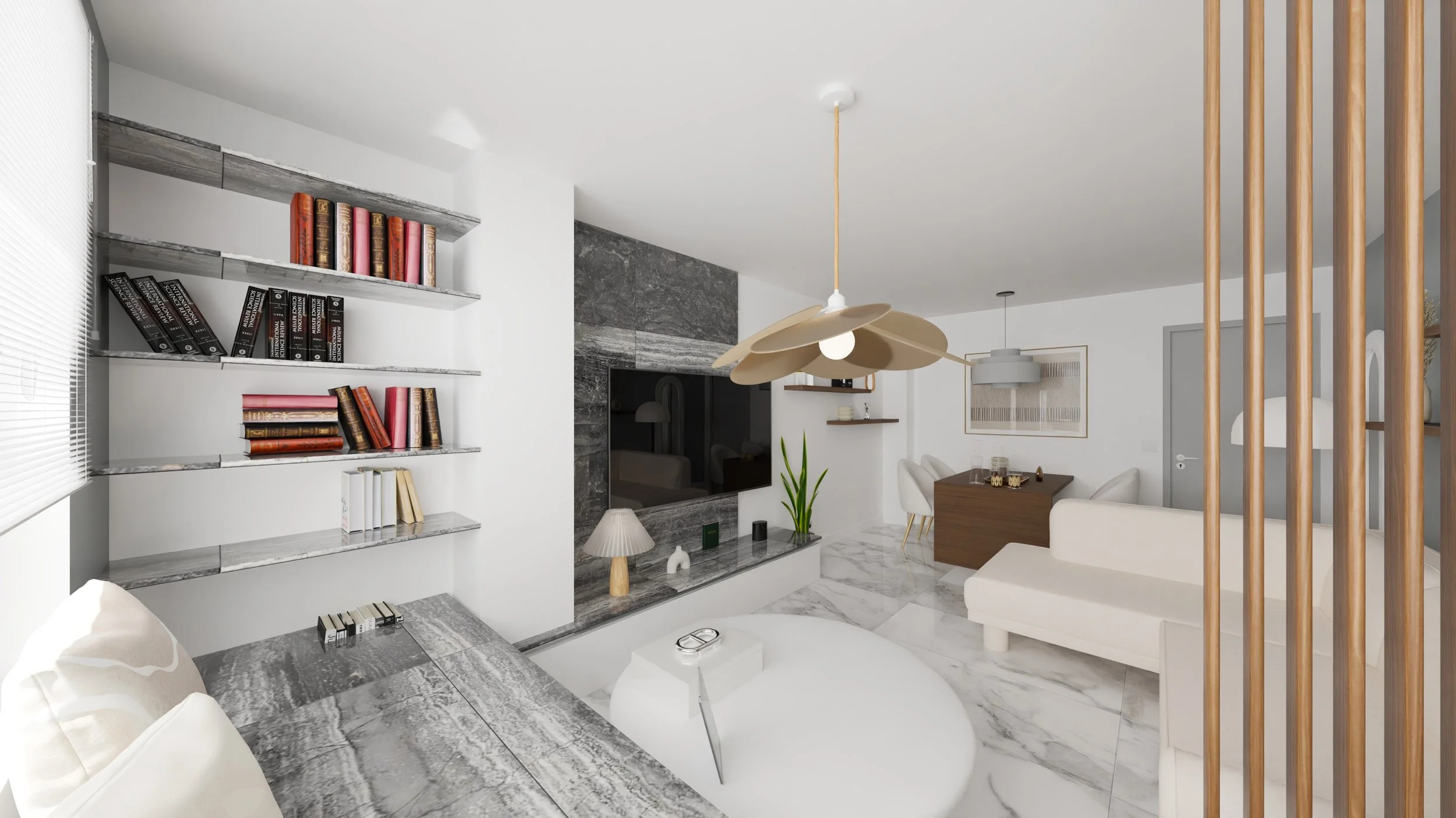 Rénovation d'un appartement en Moldavie avec un salon avec panneau en pierre, télévision, étagères murales, au mur et table avec décorations en verre et céramique. Agencement haut de gamme sur mesures.