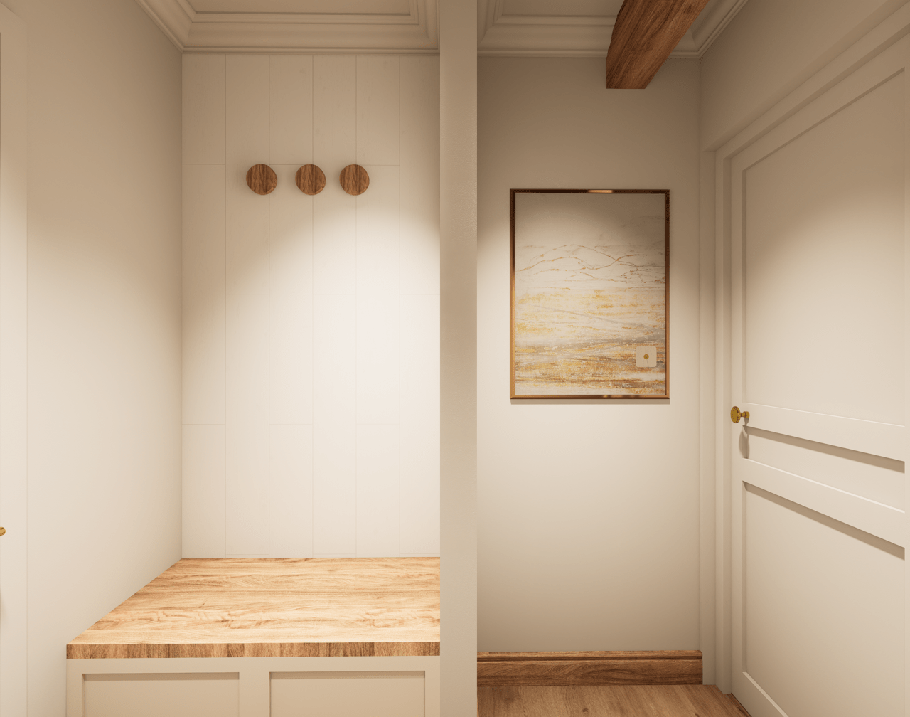 Rénovation haut de gamme d'une maison Anglaise avec un banc en bois avec un mur blanc derrière. À droite, une porte blanche avec une poignée dorée. Il y a un sol en bois clair. Agencement sur mesure