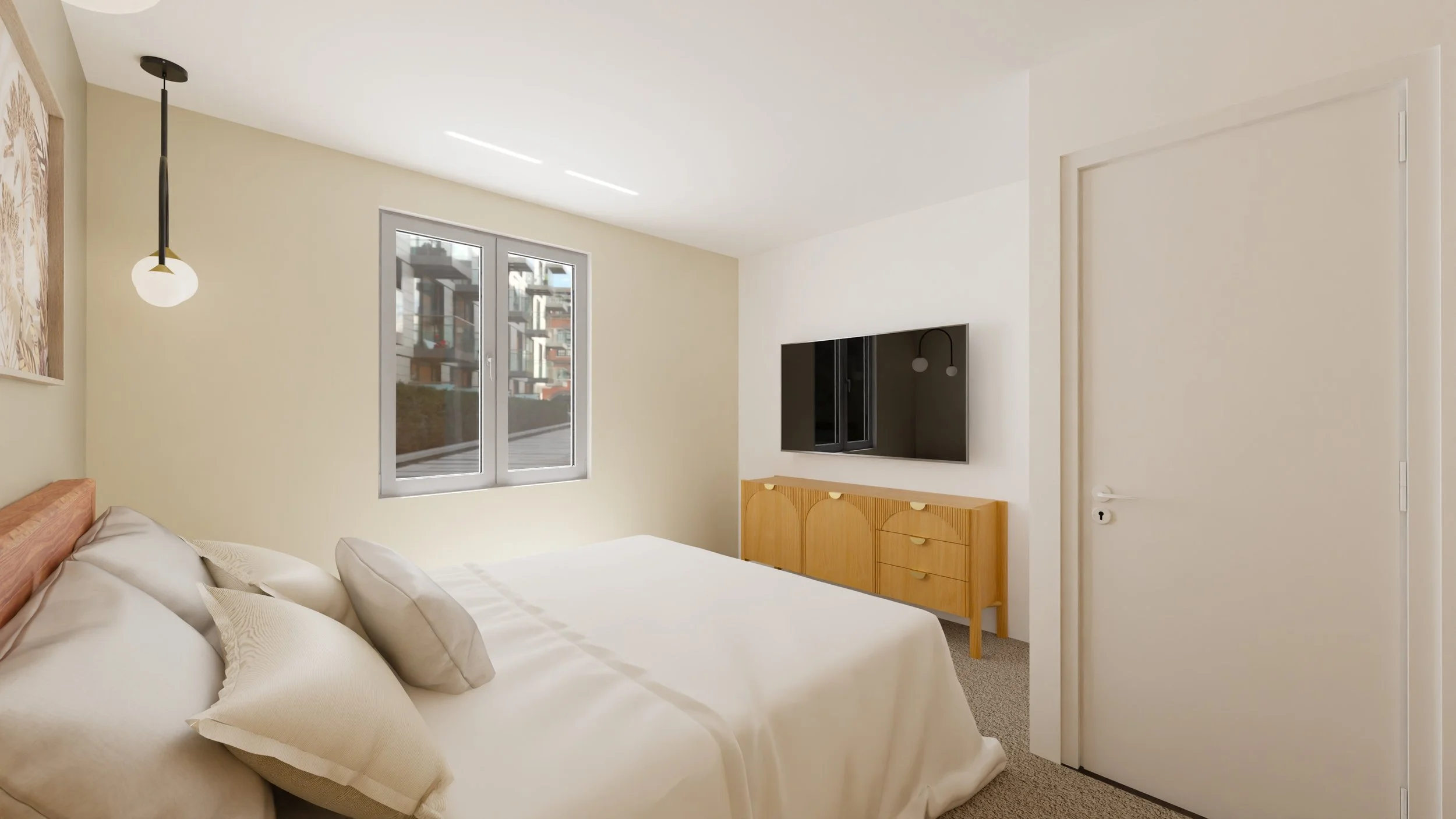 Rénovation haut de gamme d'un appartement à Valdahon avec chambre moderne avec un lit blanc, une fenêtre avec vue sur des bâtiments, une télévision à écran plat sur le mur, un meuble en bois, et un luminaire suspendu. Agencement sur mesures