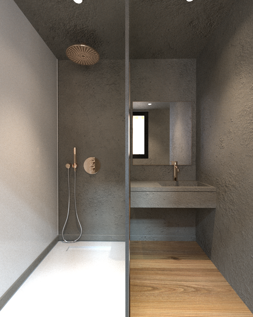 Une image divisée en deux parties : à gauche, une douche moderne avec un pommeau de douche rond au plafond et une commande murale, au centre, et à droite, un lavabo intégré dans un mur gris avec un miroir au-dessus et une petite fenêtre derrière. Sol