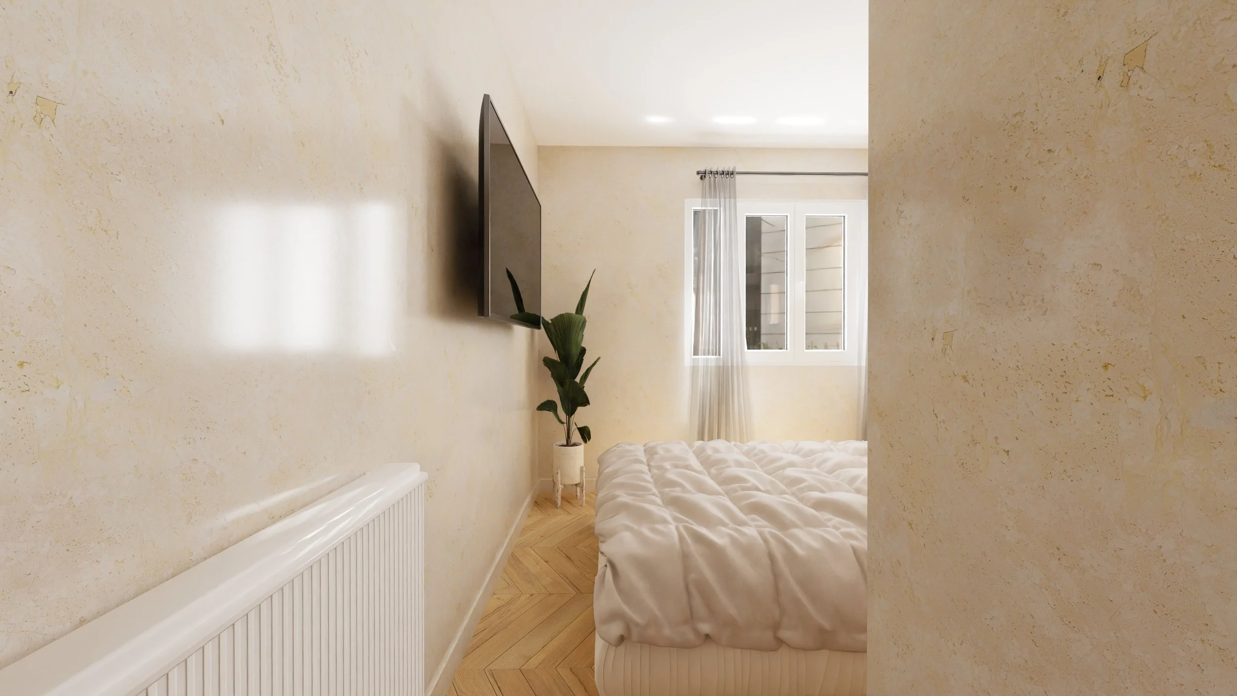 Rénovation haut de gamme d'un appartement dans Paris 12 avec chambre avec un lit à décisions blanches, une plante en pot à côté d'un mur beige, une télévision au mur, une fenêtre avec des rideaux blancs et un plafond blanc. Agencement sur mesure