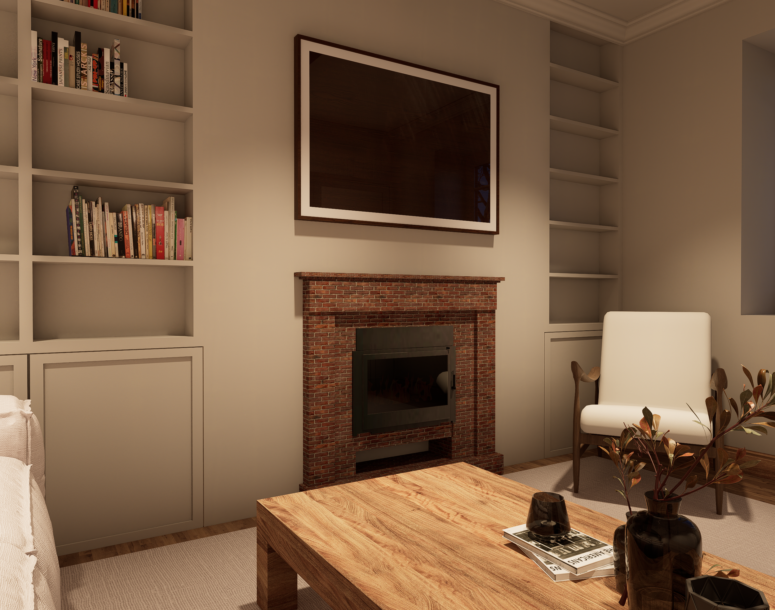 Rénovation haut de gamme d'une maison Anglaise avec salon (snug) avec cheminée en briques, étagères remplies de livres et tableau suspendu au mur à côté. Mobilier en bois clair et plantes décoratives. Agencement sur mesure