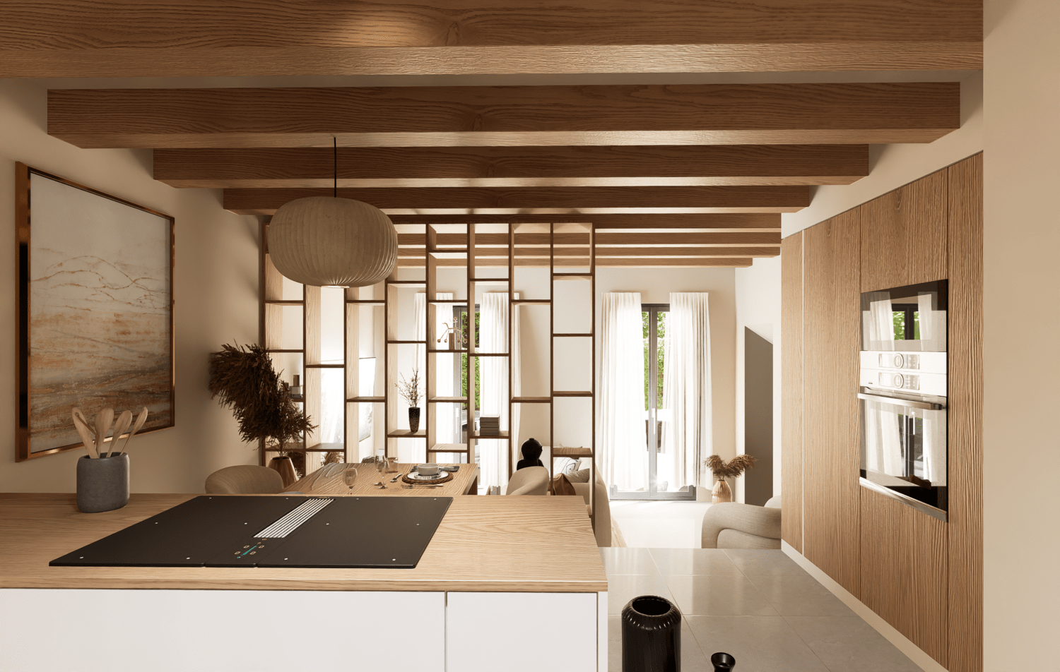 Projet de rénovation d'un appartement avec une cuisine moderne avec éléments en bois, plafond en poutres apparentes et grande fenêtre laissant entrer la lumière naturelle. Agencement sur mesure.