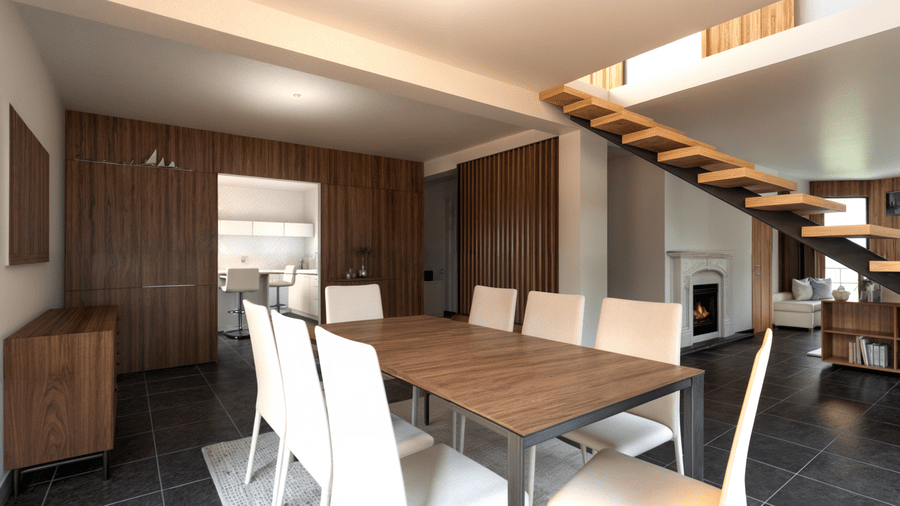 Rénovation haut de gamme d'un salon moderne avec cheminée à bois, table en bois, chaises blanches et meubles en bois foncé, escalier en bois flottant, fenêtres laissant entrer la lumière, décoration minimaliste.