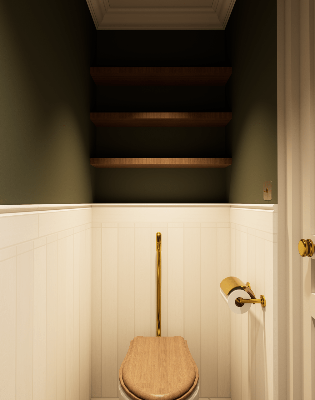 Rénovation haut de gamme d'une maison Anglaise avec WC avec des murs lambrissés blancs, un lavabo en façade blanche avec robinetterie en or et un miroir en partie visible. La pièce est bien éclairée avec un éclairage chaud. Agencement sur mesures