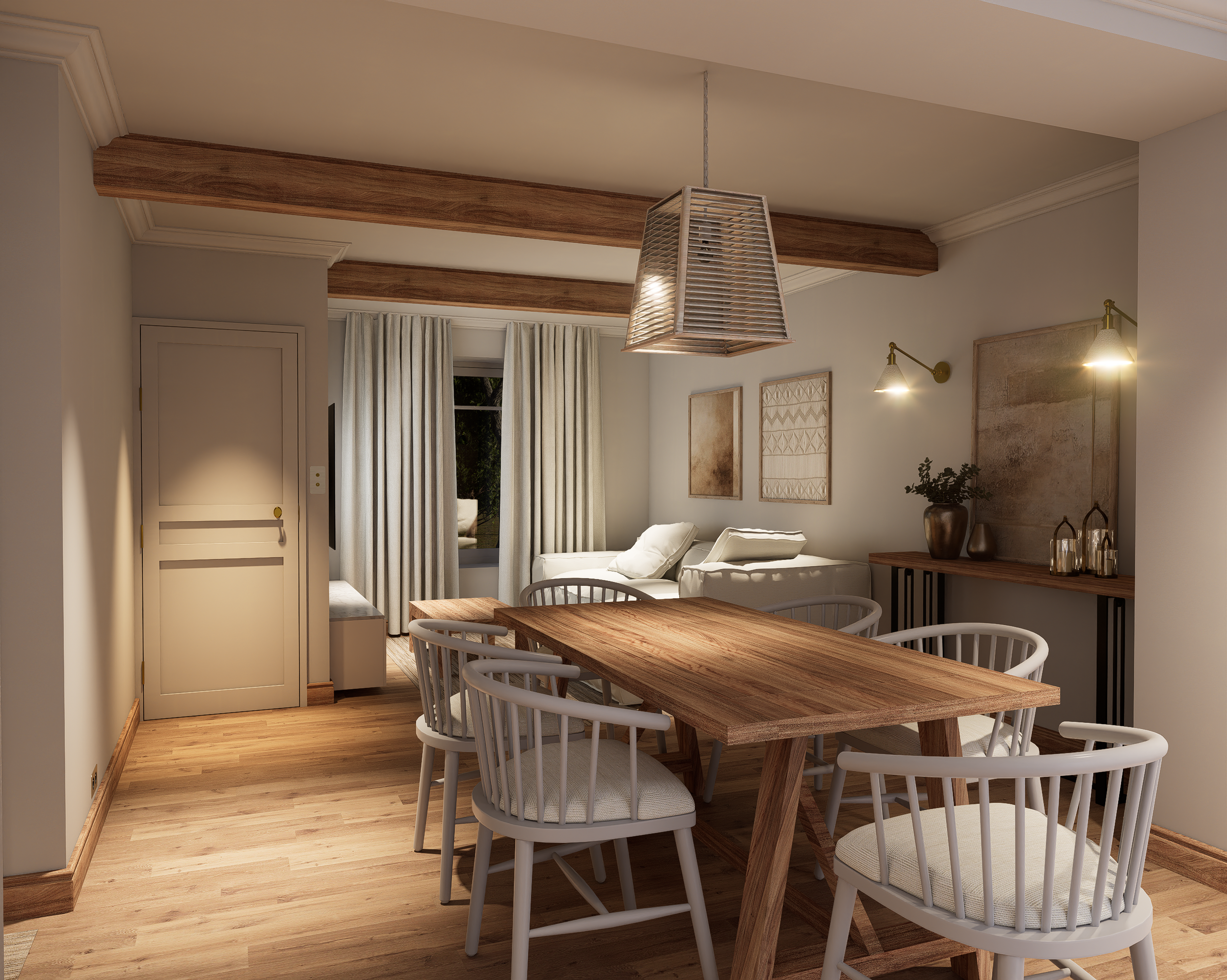 Intérieur d'une salle à manger avec une table en bois, neuf chaises blanches, peinture beige, et un plafond avec poutres en bois. Deux lampes murales éclairent la pièce. Rénovation d'un maison Anglaise. Aménagement rustique.