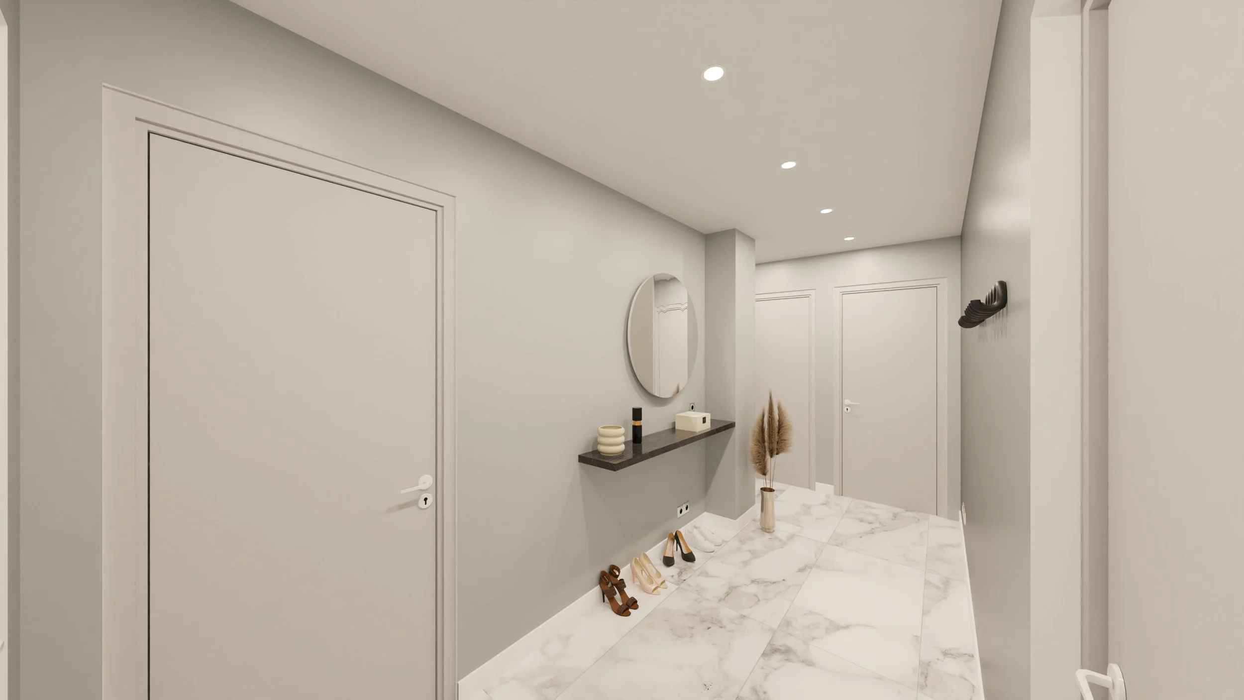 Rénovation d'un appartement en Moldavie avec entrée avec murs gris clair, portes blanches, miroir rond au mur, console noire avec décorations, tapis blanc, chaussures, et éléments décoratifs en beige et noir. Agencement haut de gamme sur mesures.