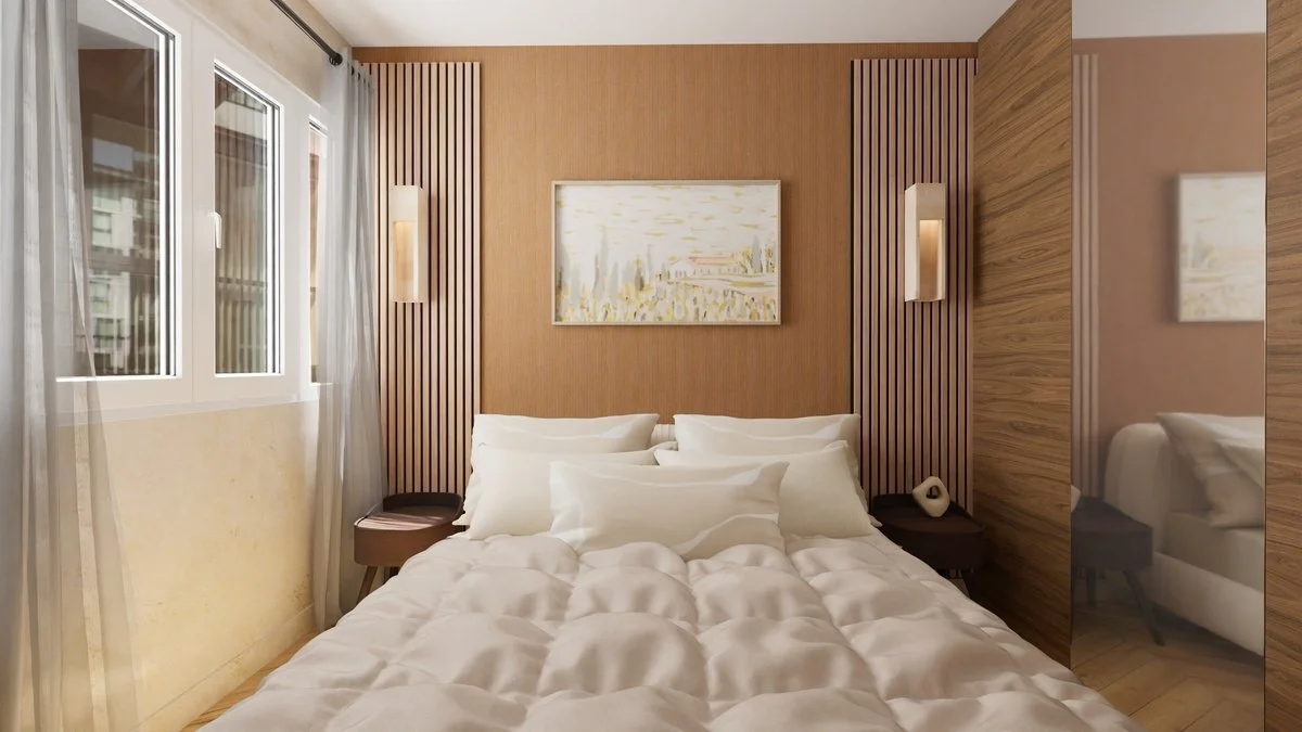 Rénovation haut de gamme d'un appartement dans Paris 12 avec chambre moderne avec lit blanc, murs en bois, miroir mural, peinture abstraite et porte en bois. Agencement sur mesures.
