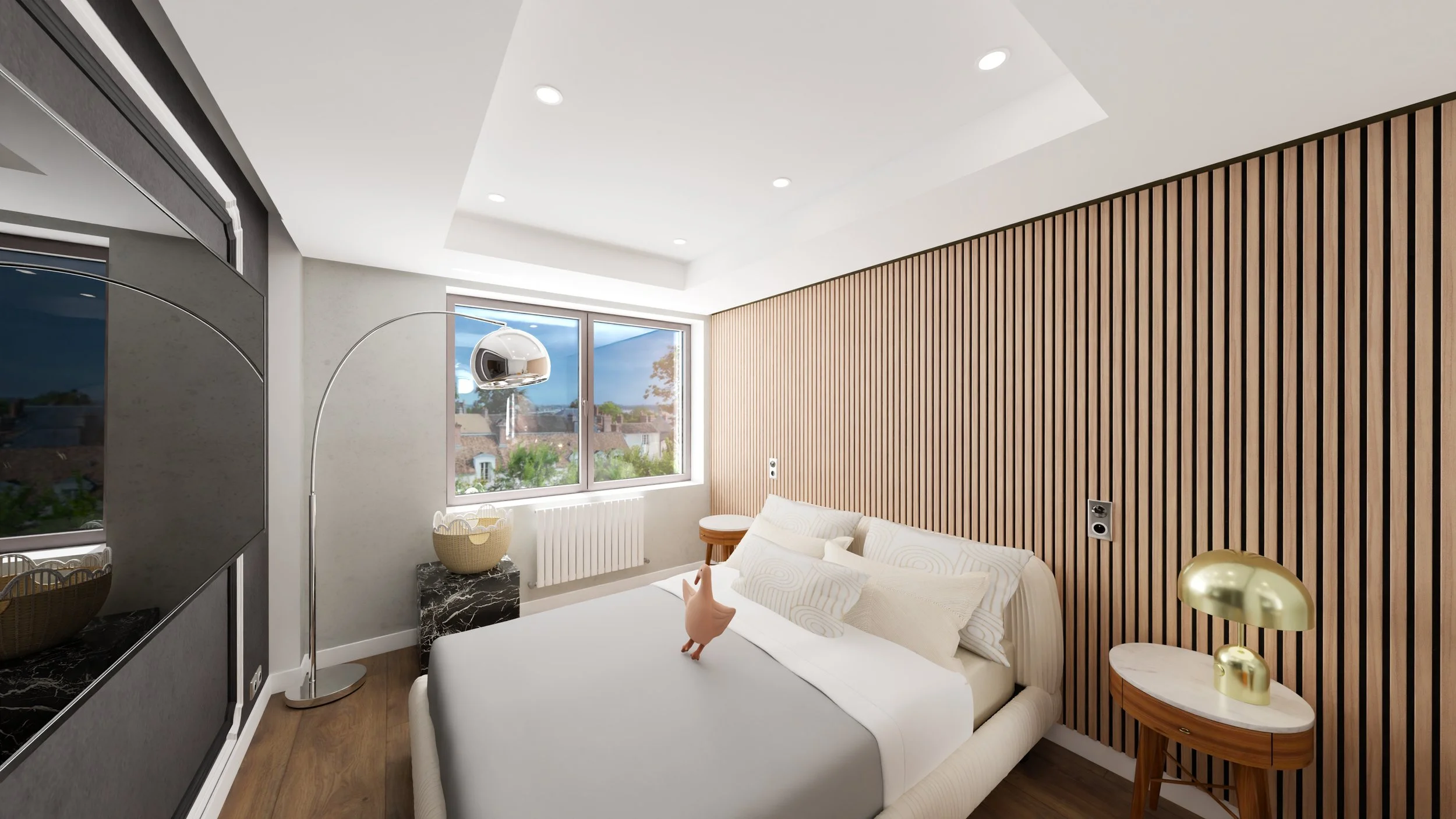 Rénovation d'un appartement en Moldavie avec une chambre moderne avec un mur en bois vertical, un lit blanc, une grande fenêtre laissant entrer la lumière naturelle et une lampe en arc argentée. Agencement haut de gamme sur mesure.