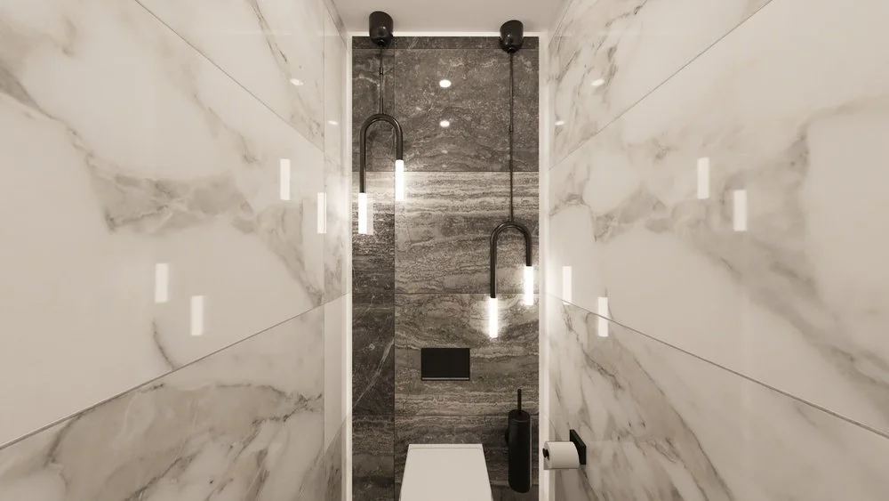 Rénovation d'un appartement en Moldavie avec des WC avec murs en marbre blanc et gris, éclairage vertical chaud et toilettes suspendues. Agencement haut de gamme sur mesures.