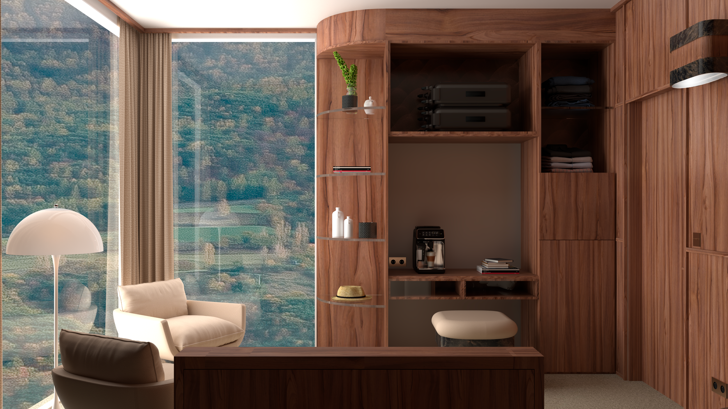 Intérieur d'une salle de séjour avec murs en bois, grande fenêtre avec rideau beige, et un coin dédié au café avec une cafetière.