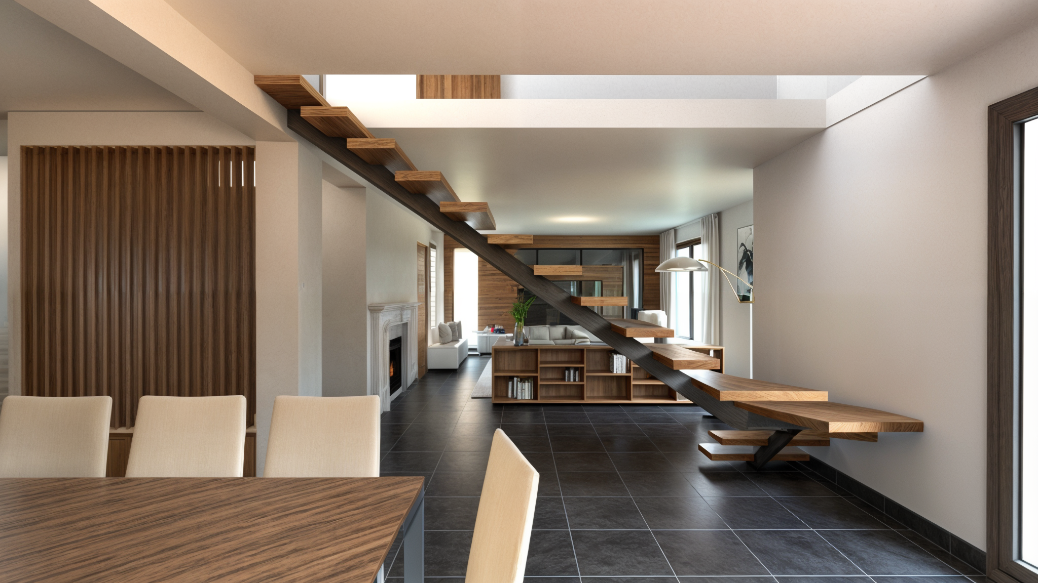 Rénovation haut de gamme d'une maison moderne avec escalier en bois et espace de vie lumineux. Agencement sur mesures.