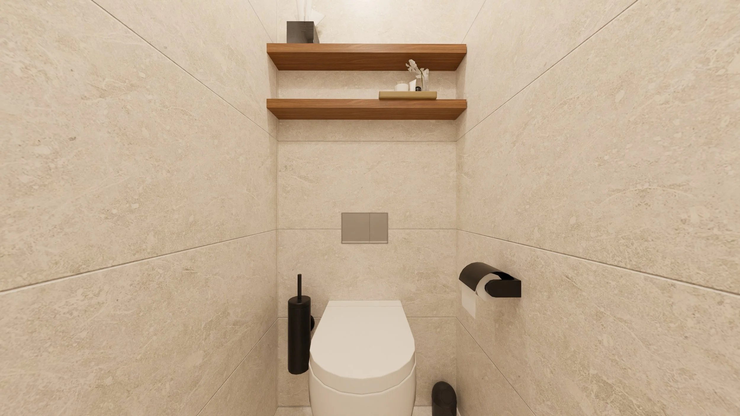 Rénovation haut de gamme d'un appartement avec toilettes modernes dans une cabine avec des murs en pierre beige, une étagère en bois avec des plantes et des objets décoratifs. Agencement sur mesures.