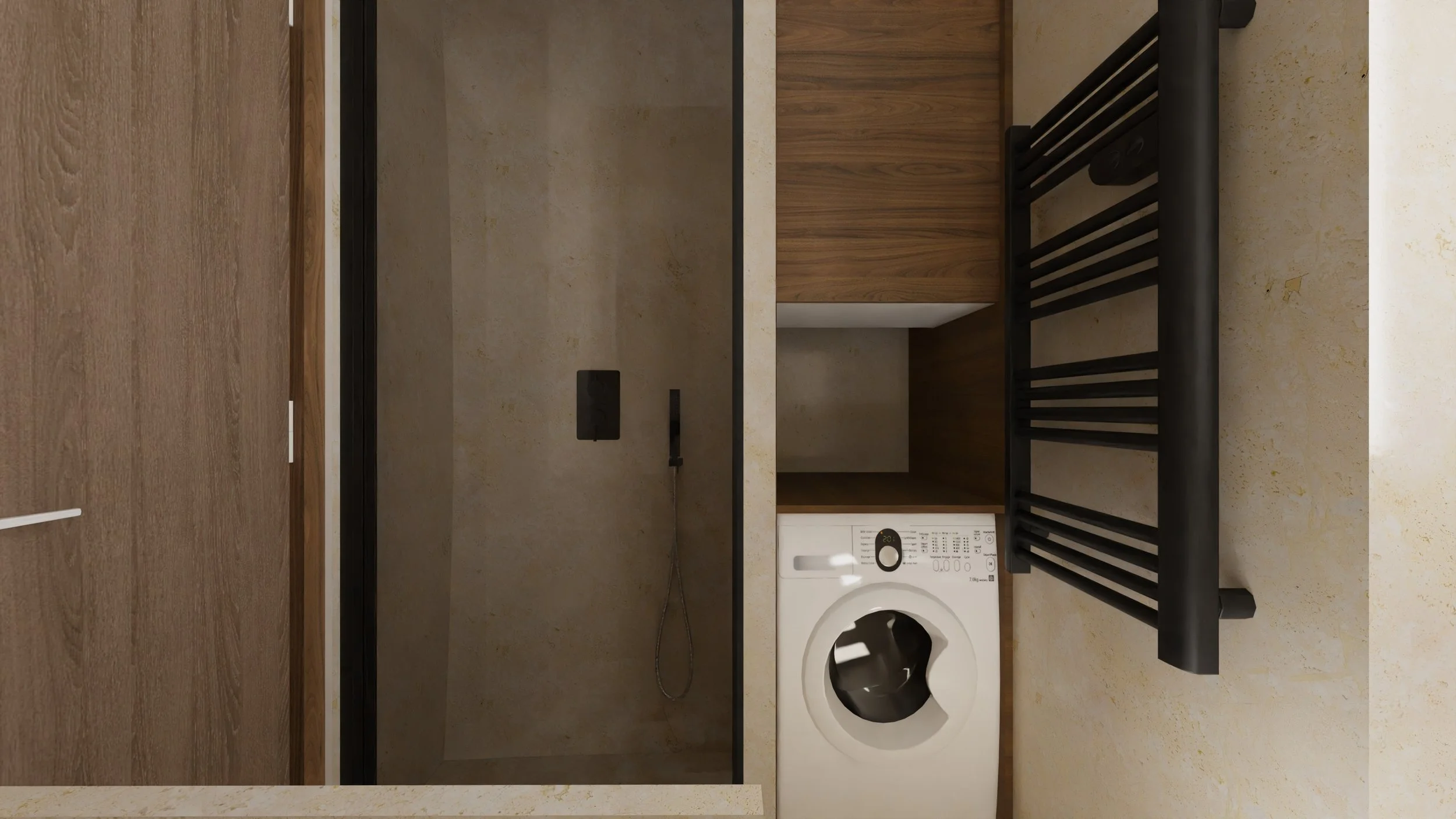 Rénovation haut de gamme d'un appartement dans Paris 12 avec salle de bain avec Machine à laver blanche dans une buanderie, avec un sèche-linge à proximité, sur un plan de travail en bois, et un porte-serviettes noir. Agencement sur mesures.