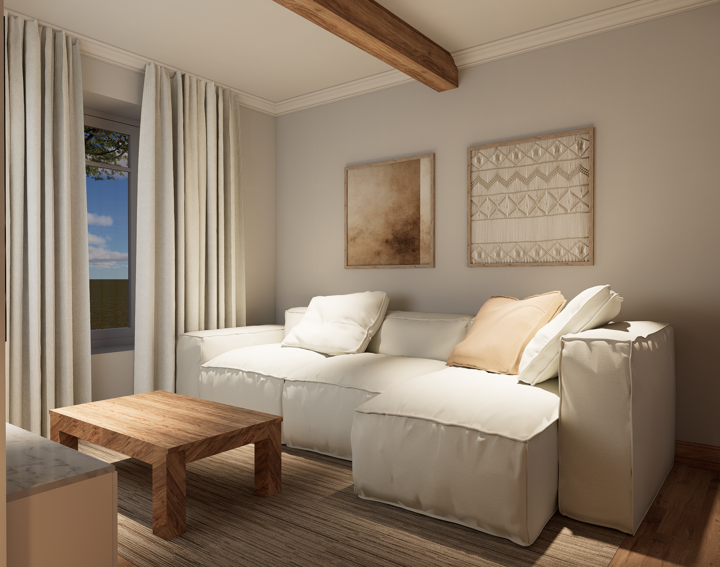 Rénovation haut de gamme d'une maison Anglaise avec salon avec canapé blanc, coussins beige, tableaux accrochés au mur, grande fenetre avec rideaux beige, table en bois, tapis rayé beige et marron, mur beige, plafond avec poutre en bois.
