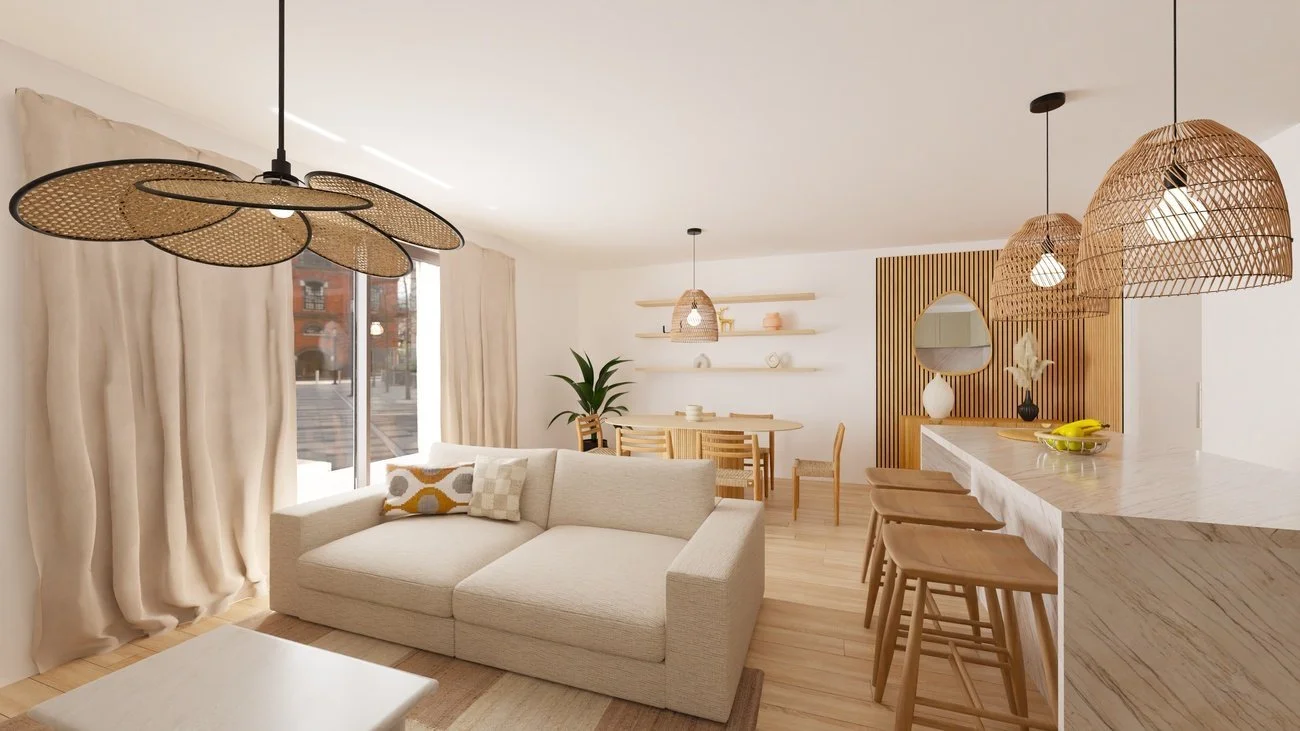 Rénovation haut de gamme d'un appartement à Valdahon avec salon moderne avec canapé beige, lampes en rotin suspendues, étagères en bois, cuisine en marbre avec banquette, intérieur lumineux avec large fenêtre. Agencement sur mesures.
