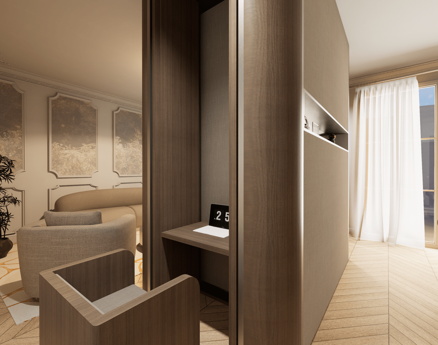 Intérieur moderne haut de gamme avec un mur en bois et un diviseur en tissu, grande fenêtre avec rideaux, table avec vases et décoration, et suspension lumineuse prouche au plafond en collaboration avec Perene