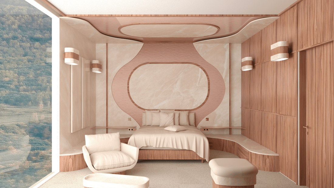 Chambre d'hôtel 4 étoiles haut de gamme et luxueuse en Formica dans la forêt et montagnes moderne avec lit, fauteuil, canapés et murs en bois, décoration raffinée au design clair.