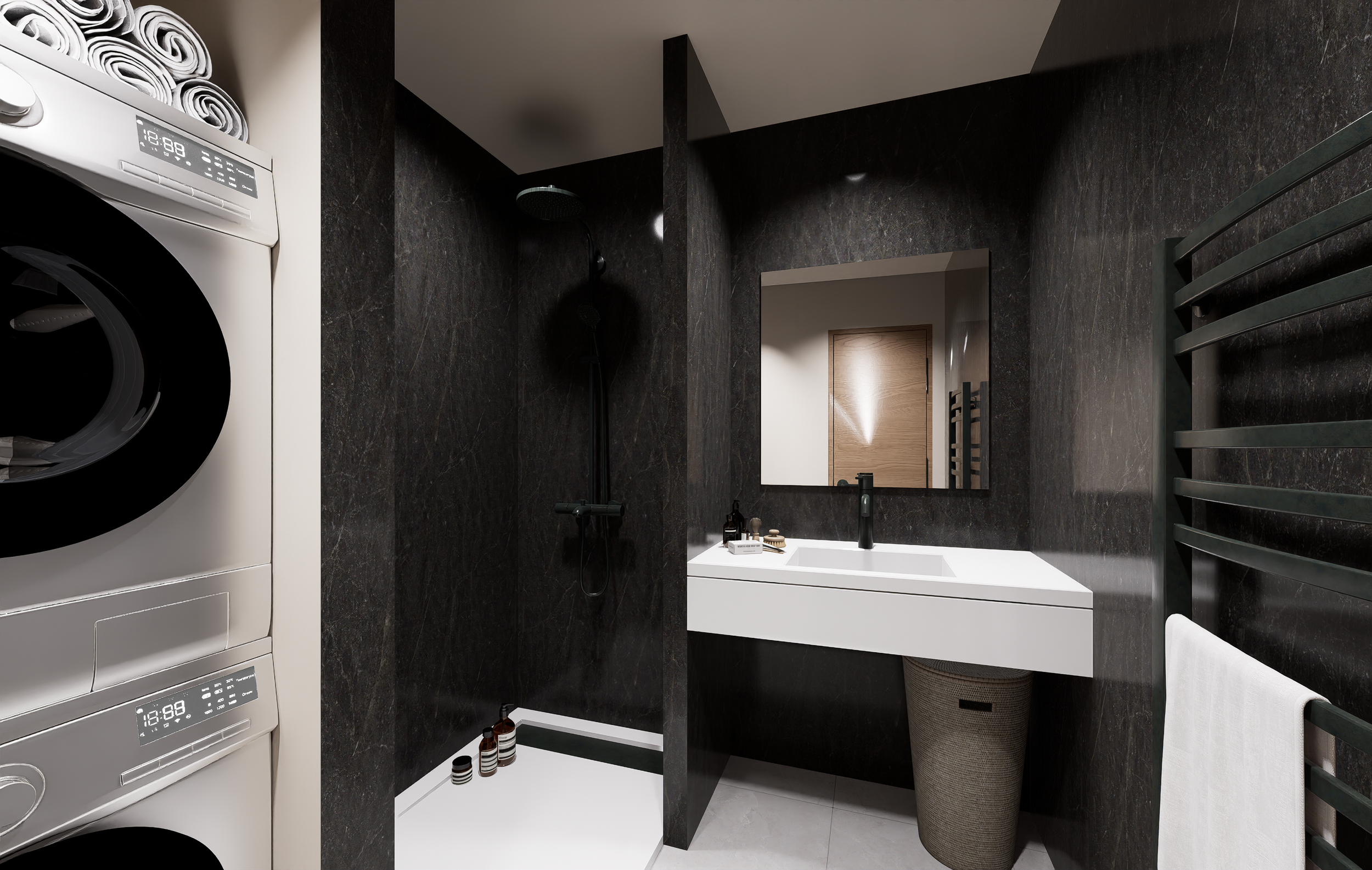 Projet de rénovation d'un appartement avec salle de bain moderne avec mur en pierre noir, miroir, lavabo blanc avec robinets noirs, et sèche-serviettes en métal noir Agencement haut de gamme sur mesure.