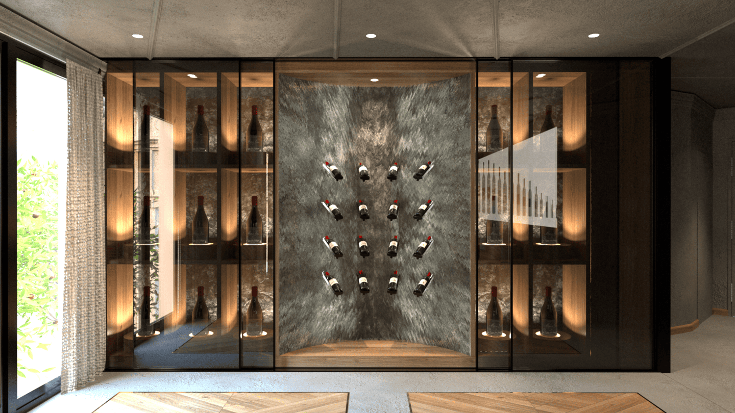 Vitrine cave à vin avec bouteilles encastrées dans un mur en pierre, éclairée en douceur, avec une fenêtre à gauche et des rideaux. Appartement haut de gamme rénové selon le thème du vin à Neuilly sur Seine.
