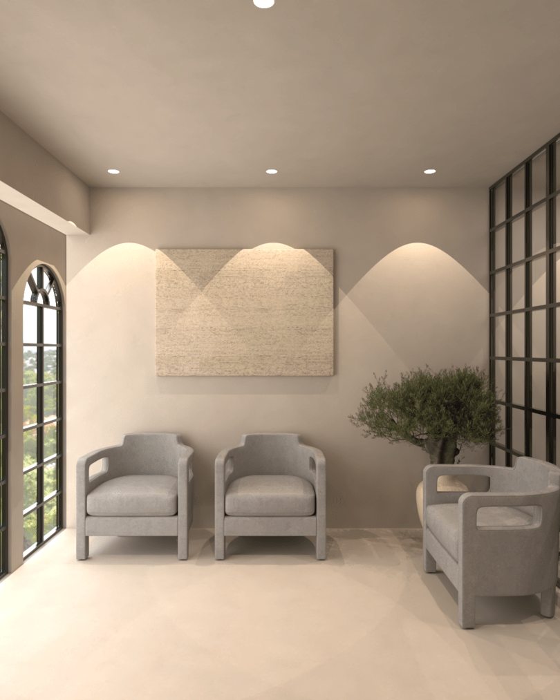 Rénovation haut de gamme d'un bureau au Maroc avec salon moderne avec deux fauteuils gris, une plante verte dans un pot, un tableau beige sur le mur et une grande fenêtre en métal noir. Tadelakt, agencement sur mesures.