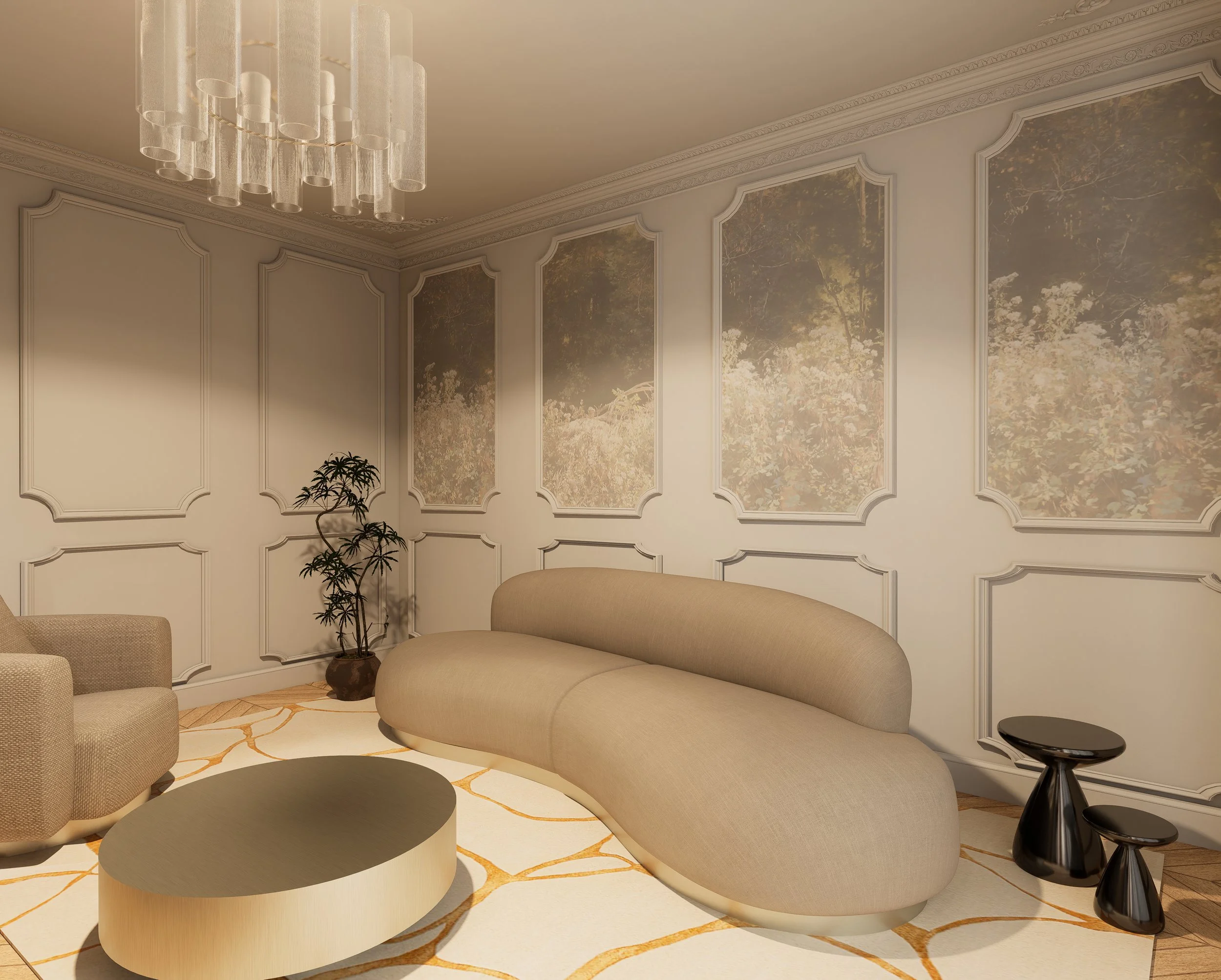 Intérieur moderne haut de gamme avec un mur en bois et un diviseur en tissu, papier peint paysage, table avec vases et décoration, et suspension lumineuse prouche au plafond en collaboration avec Perene