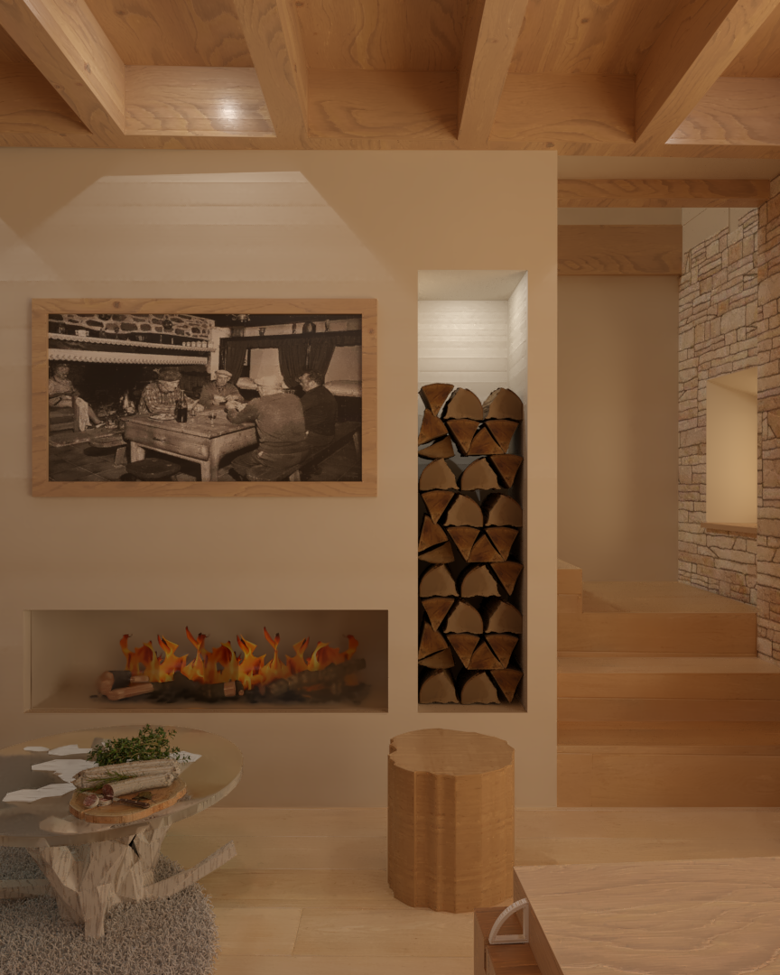 Rénovation haut de gamme d'une maison dans l'Aveyron, à Cantobre avec salon chaleureux avec un coin cheminée en brique, une niche contenant du bois empilé dans un espace en bois avec des escaliers et un mur en pierre. Agencement sur mesures.