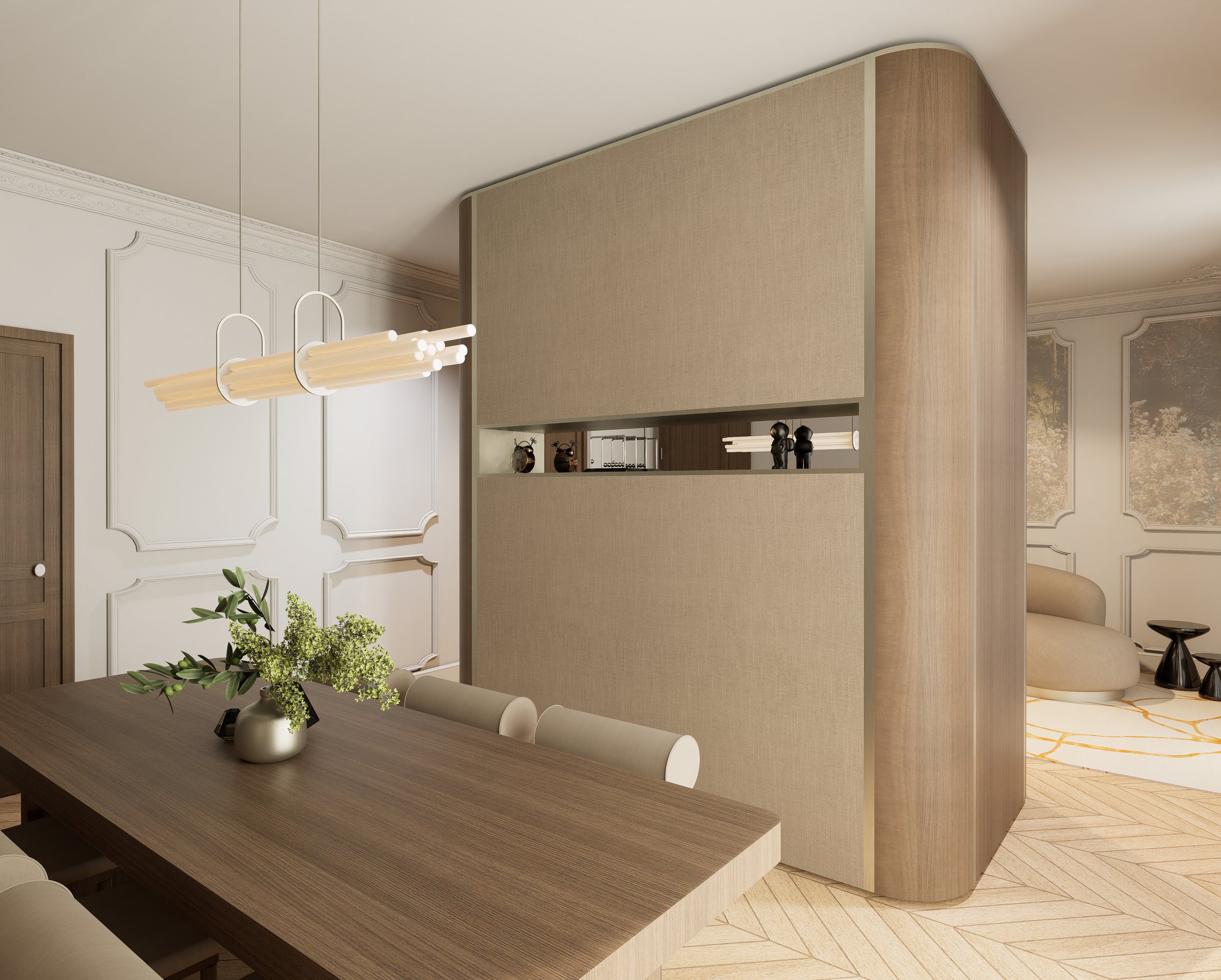 Intérieur moderne haut de gamme avec un mur en bois et un diviseur en tissu, grande fenêtre avec rideaux, table avec vases et décoration, et suspension lumineuse prouche au plafond en collaboration avec Perene