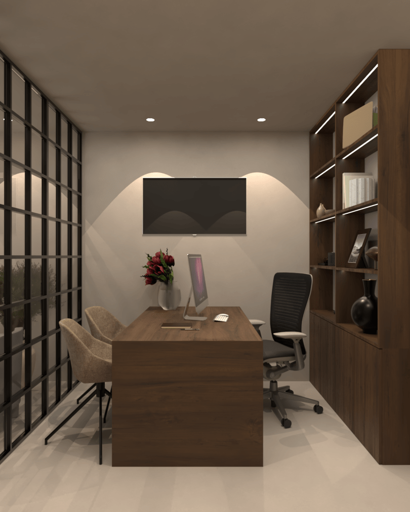 Rénovation haut de gamme d'un bureau au Maroc avec une table en bois, deux chaises en tissu beige, une chaise de bureau noire et blanche, étagères en bois, une grande verrière en métal, un écran de télévision au mur. Tadelakt, agencement sur mesures.