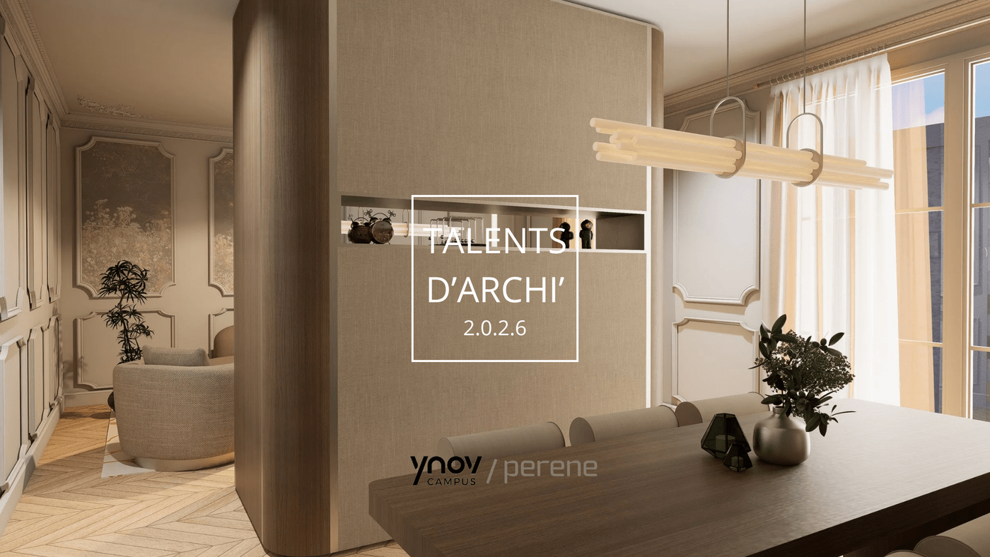 Salon haut de gamme design avec meubles en bois clair, grande fenêtre avec rideaux blancs et éclairage suspendu en verre moderne, décorée avec un vase de plantes sur une table avec Perene, pour le concours Talents d'archi 2026 avec Ynov.