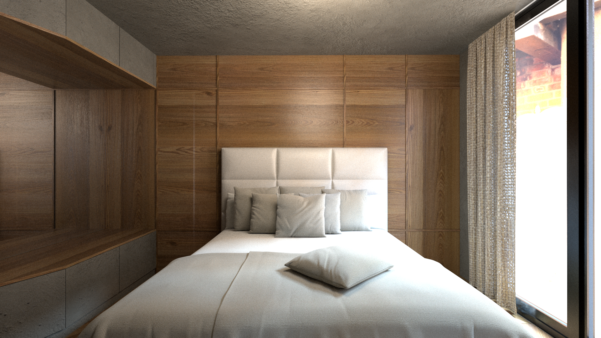 Chambre moderne avec tête de lit en cuir, murs en bois clair, grande fenêtre avec rideaux en tissu, lit avec oreillers, un coussin sur le lit. Appartement haut de gamme rénové selon le thème du vin à Neuilly sur Seine.