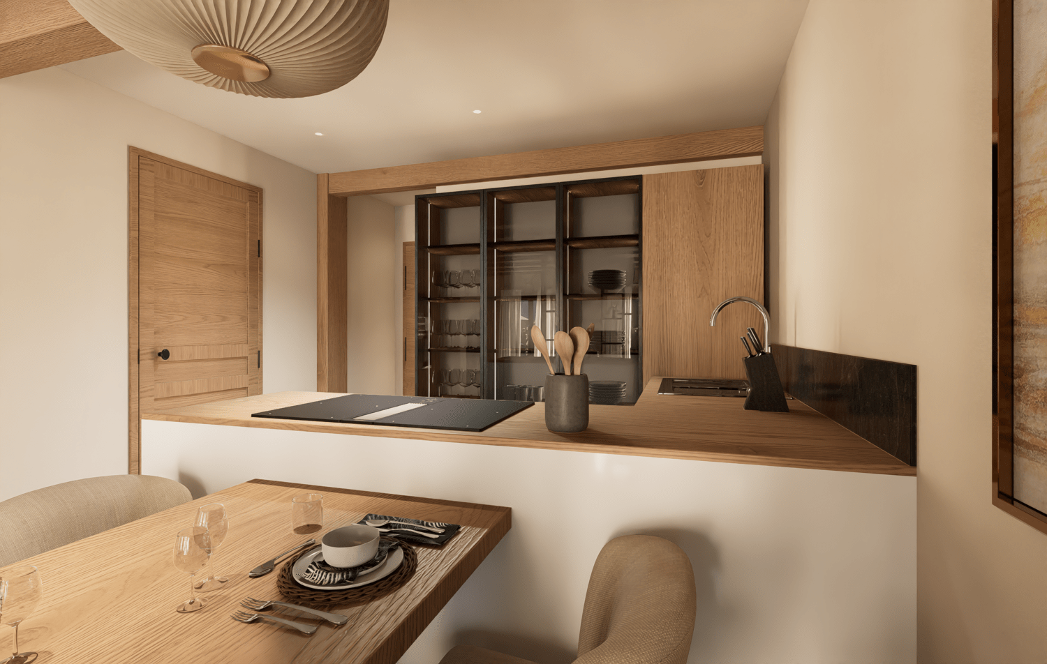 Projet de rénovation d'un appartement avec une cuisine moderne avec des armoires en bois, un évier en acier inoxydable, une table en bois et des suspensions en bois. Agencement sur mesure.