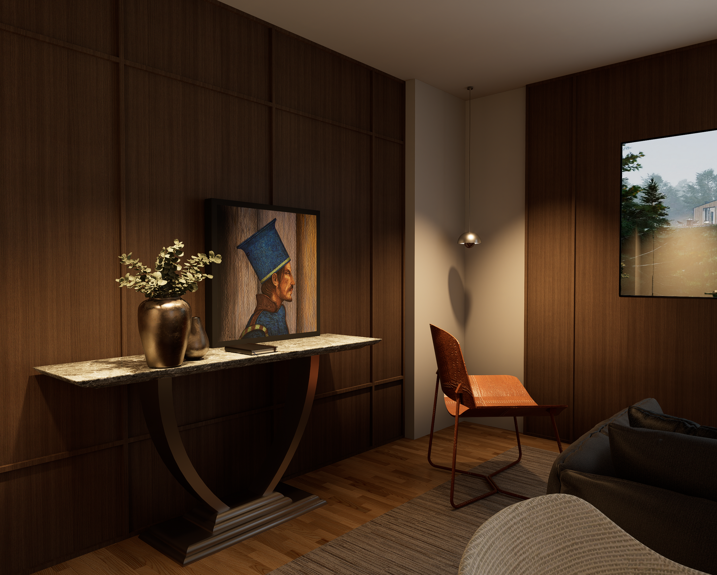 Rénovation haut de gamme d'un appartement à Saint Denis avec salon avec mur en bois, une œuvre d'art, une table en marbre, une lampe suspendue, une chaise orange et un grand écran mural. Agencement sur mesure.