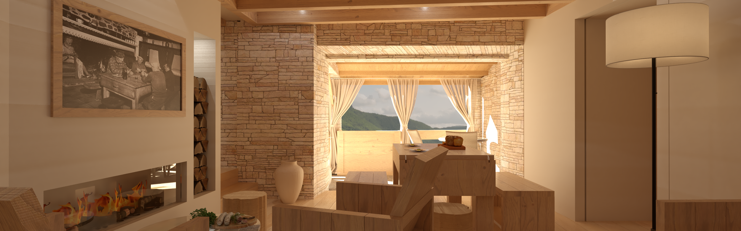 Intérieur d'un salon de style rustique à Cantobre avec cheminée au bois, mur en pierre, grande baie vitrée avec rideaux blancs, comprenant un canapé en bois, une table à manger, un grand vase beige, et un lampadaire.