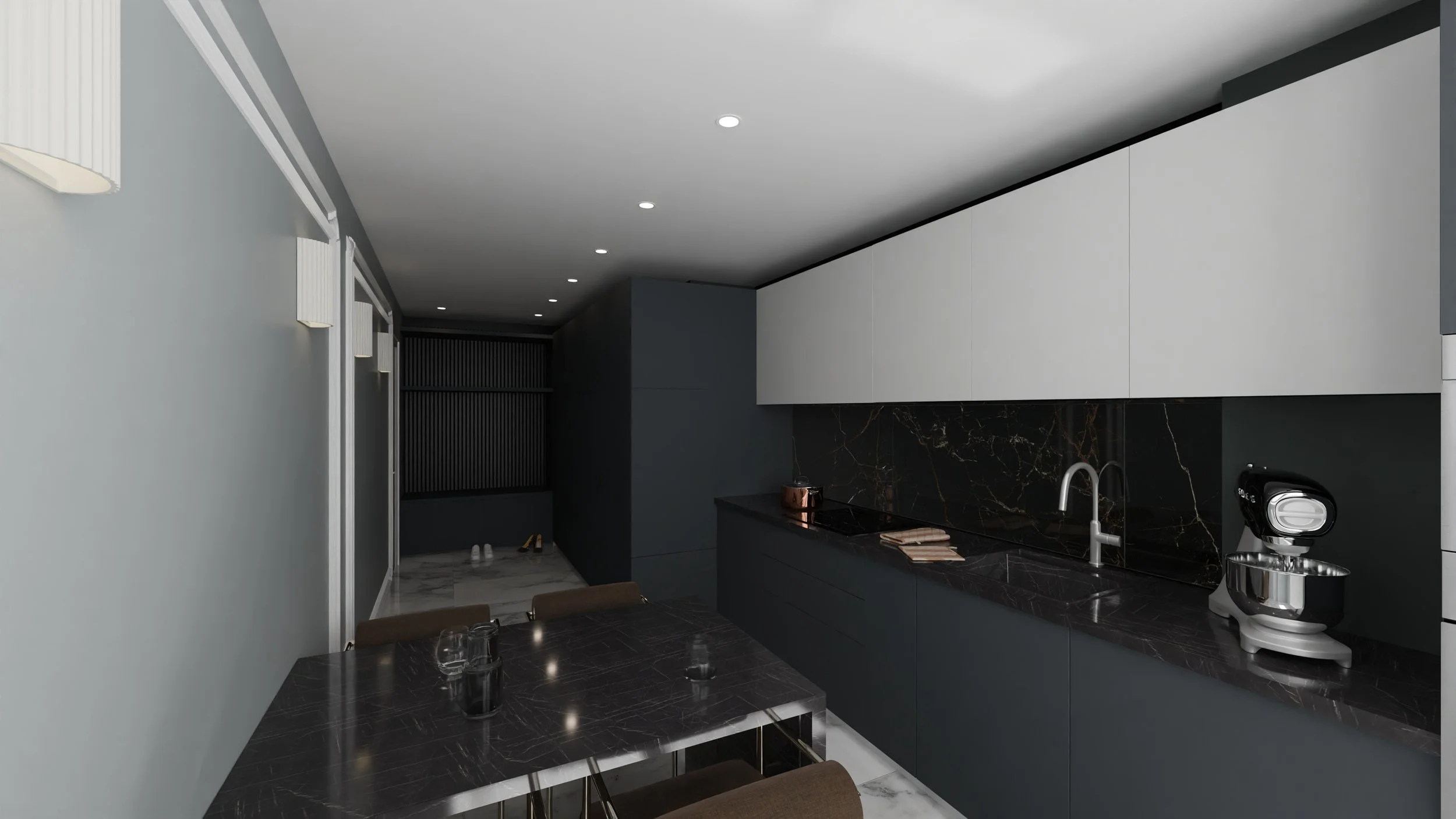 Rénovation d'un appartement en Moldavie, cuisine moderne avec des colonnes de rangement blanches, des meubles bas noirs, un plan de travail en marbre noir et un four à café sur le comptoir.