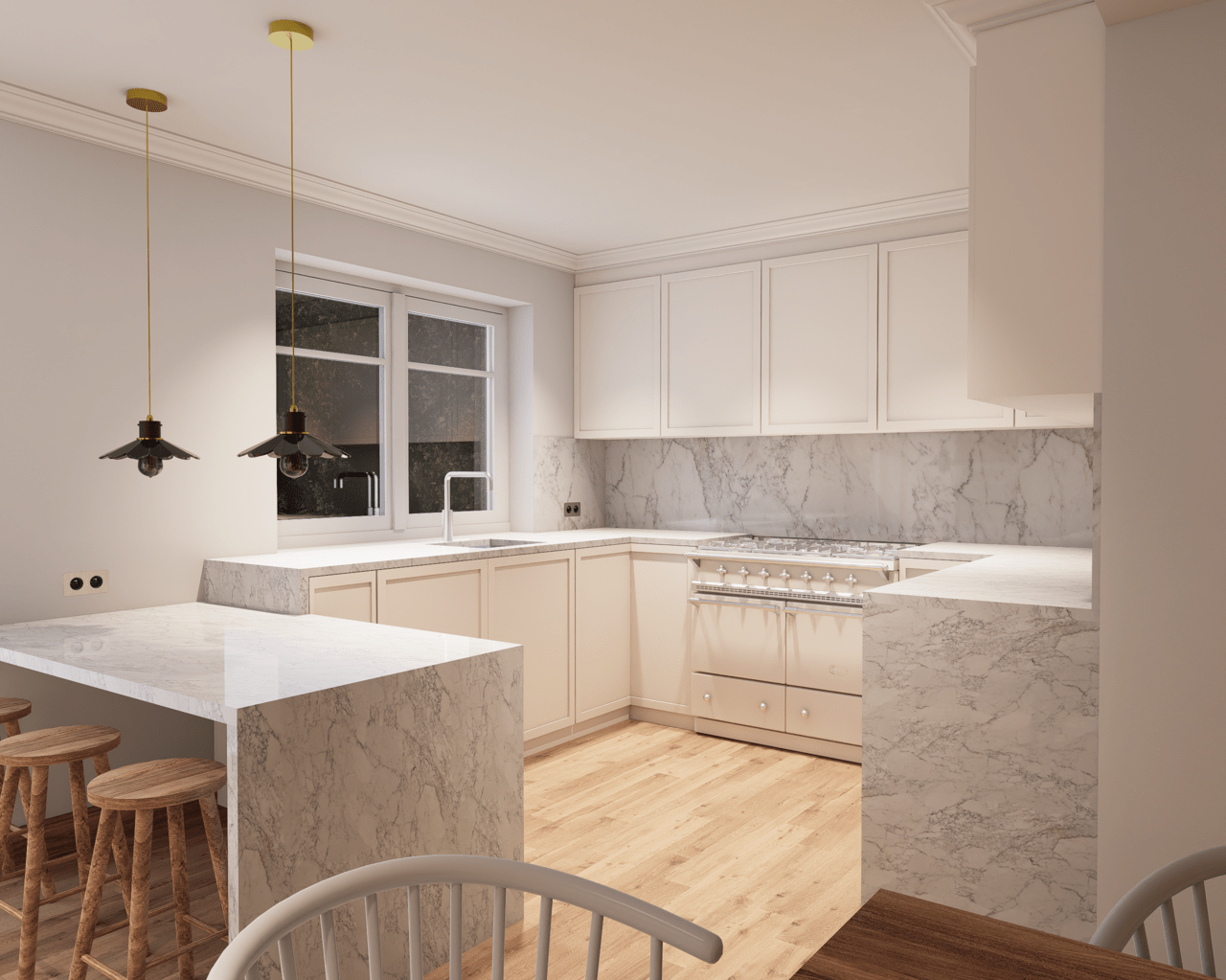 Rénovation haut de gamme d'une maison Anglaise avec cuisine moderne avec comptoir en marbre, armoires blanches, fenêtres, et éclairage suspendu. Agencement sur mesures.